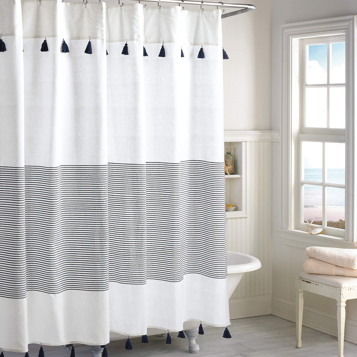 Peri Home Panama Stripe Boho Farmhouse Tassel Shower Curtain 100% Cotton Fabric Shower Curtain With Tassels For Bathroom Decor,