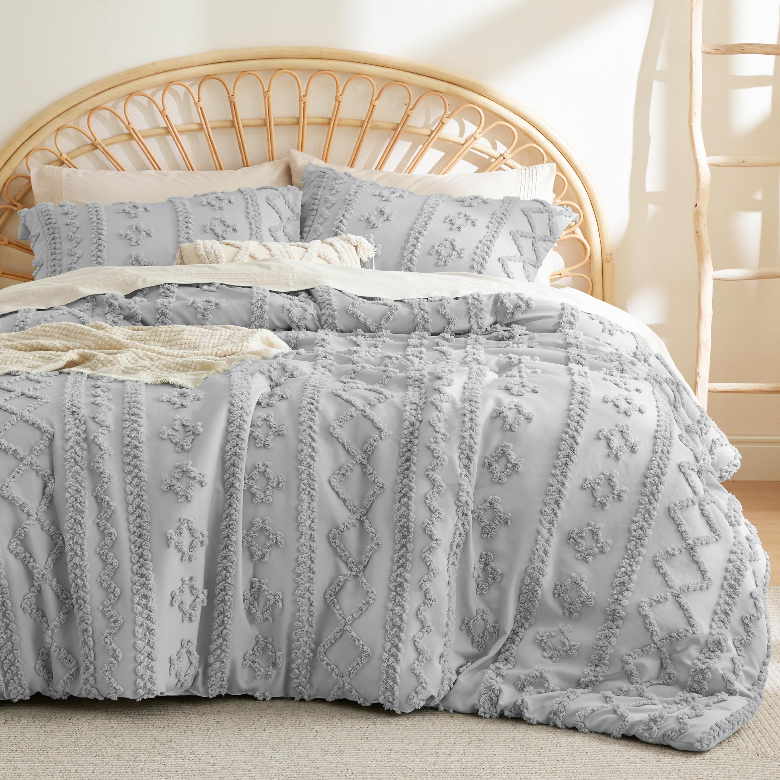 Bedsure Tufted Boho Comforter Set Queen Size - Grey Boho Bedding Comforter Set, 3 Pieces Farmhouse Shabby Chic Embroidery Bed Se