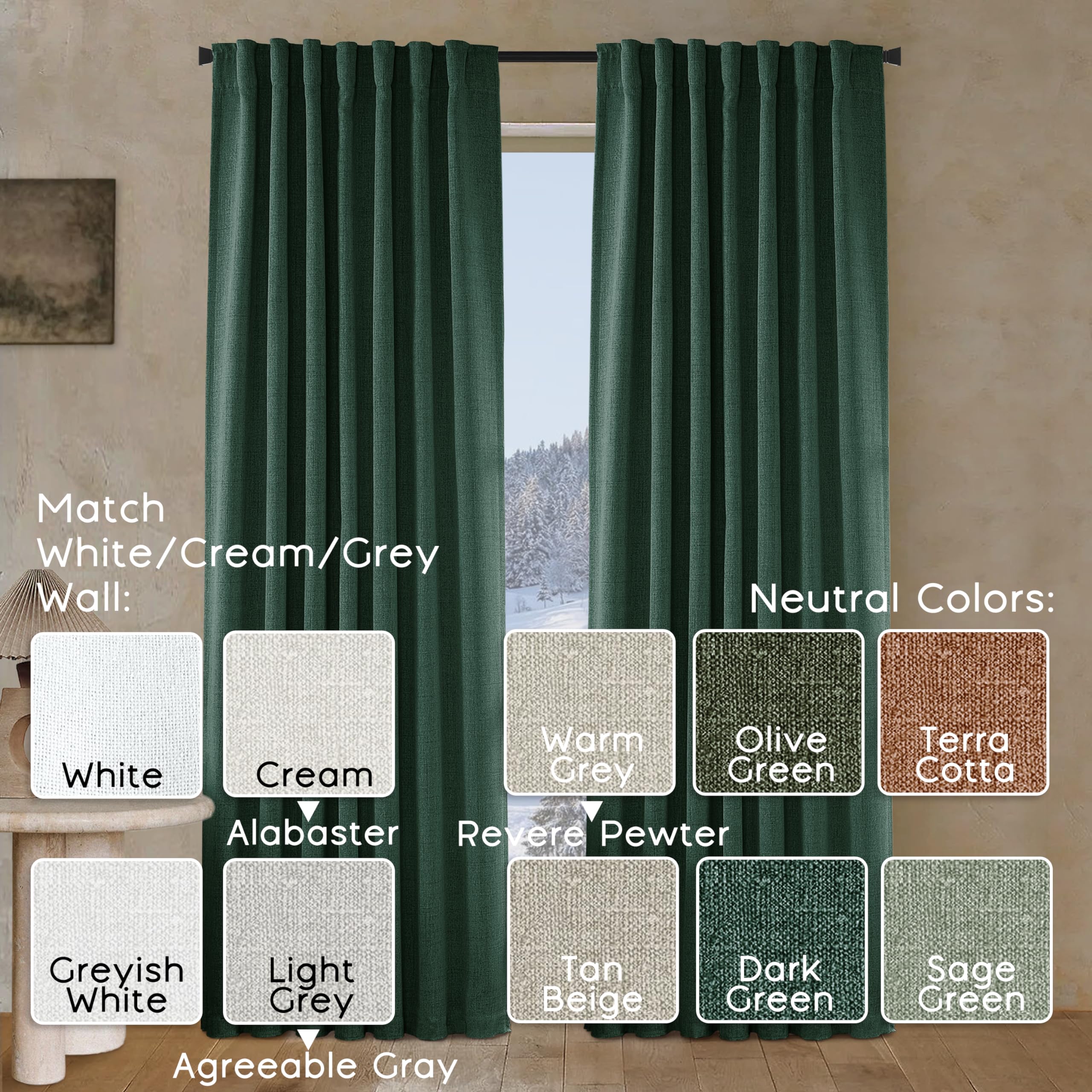 Panelsburg Green Curtains 96 Inches Long For Living Room,Blackout Pleated Thermal Window Lnsulation Fabric Heavy Weights Linen D