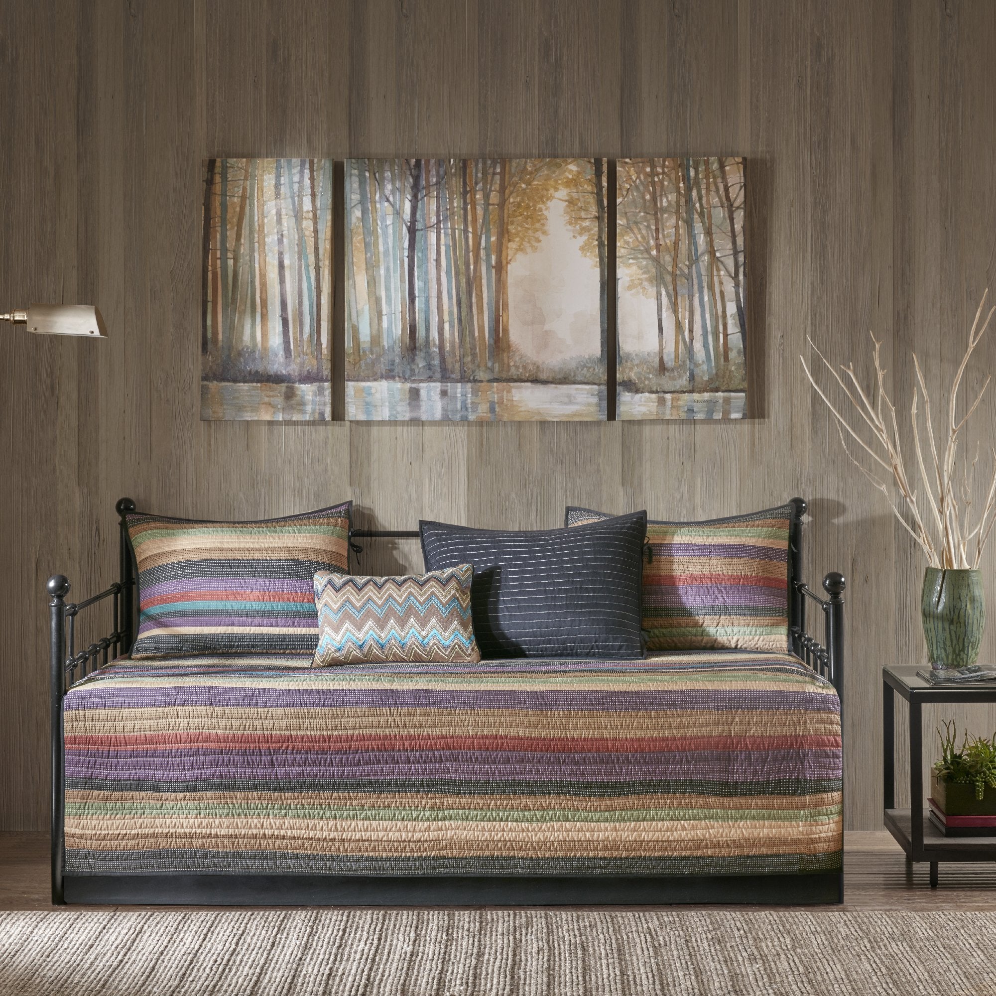 Madison Park Daybed Cover Double Sided Quilting Casual Design All Season Bedding Set With Bedskirt, Matching Shams, Decorative Pillow, 75 In X 39 In, Yosemite, Purple Teal