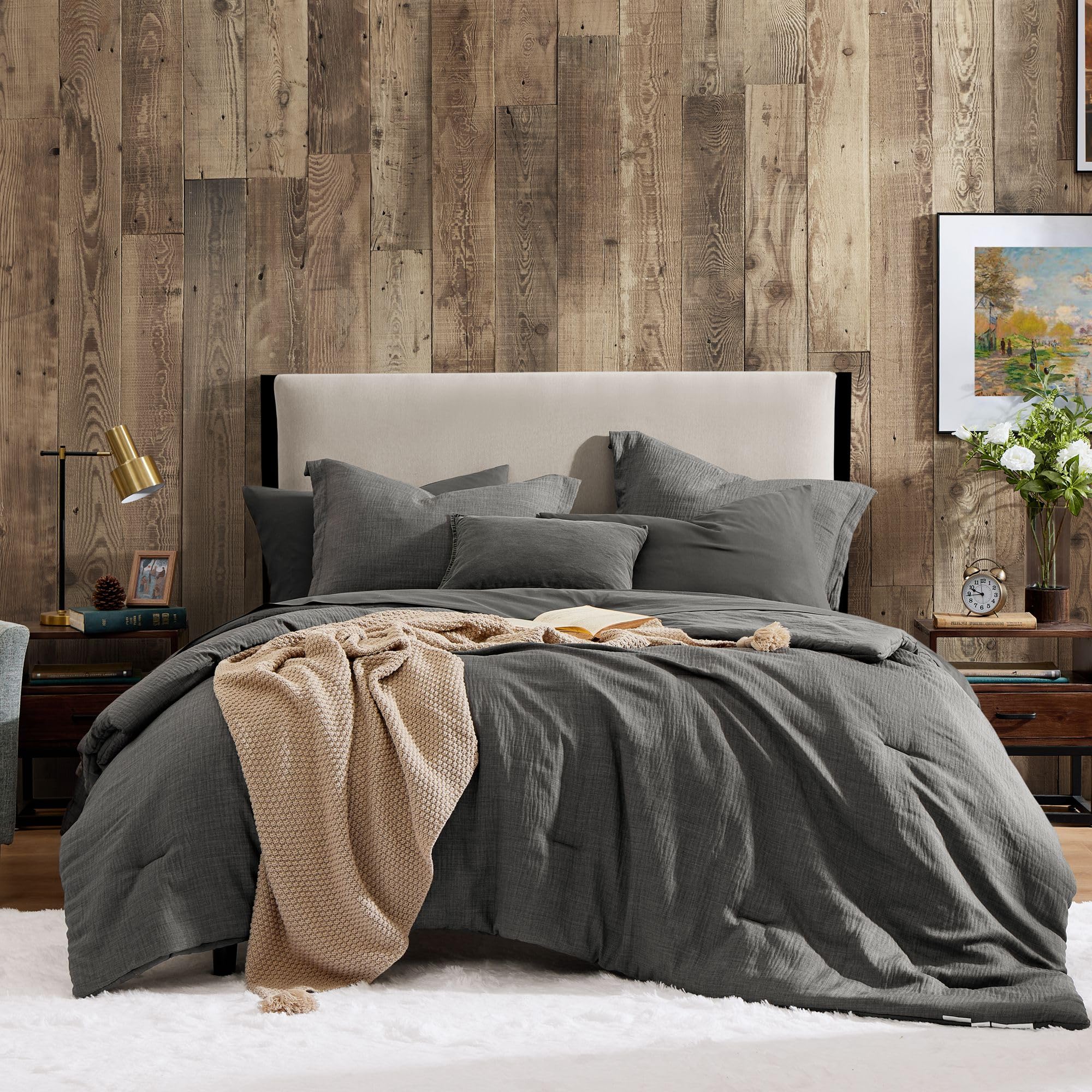 Geniospin Queen Comforter Set - 7 Pieces Comforter Queen Size, Solid Bedding Set For All Season, Textured Bed In A Bag With Flat