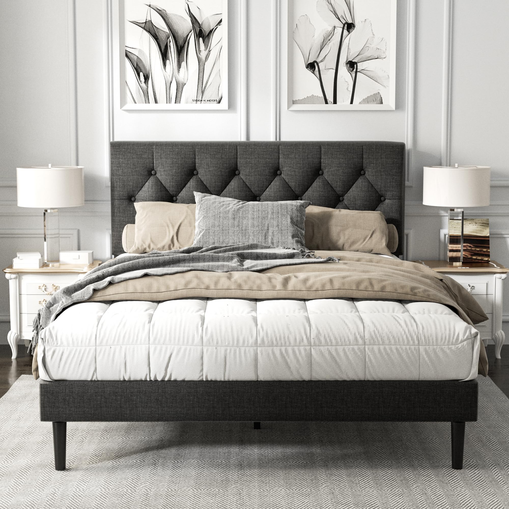 Haoara Queen Size Platform Bed Frame With Upholstered Button Tufted Headboard, Mattress Foundation With Wooden Slat Support, Noise Free, No Box Spring Needed, Easy Assembly, Dark Grey