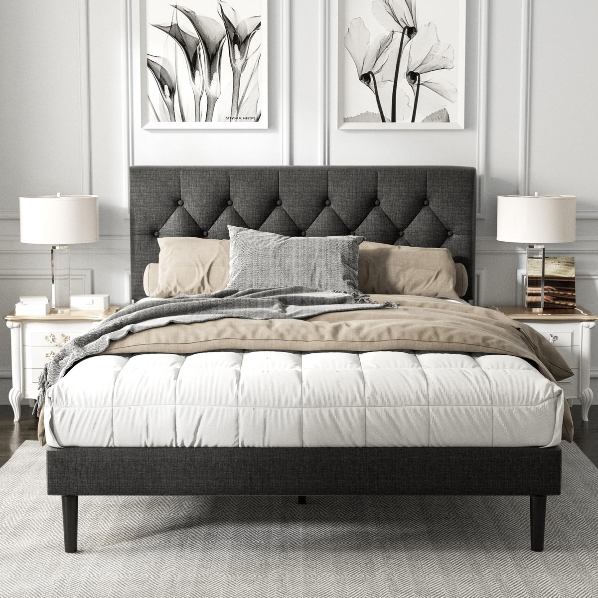 Haoara Full Size Platform Bed Frame With Upholstered Button Tufted Headboard, Mattress Foundation With Wooden Slat Support, Noise Free, No Box Spring Needed, Easy Assembly, Dark Grey