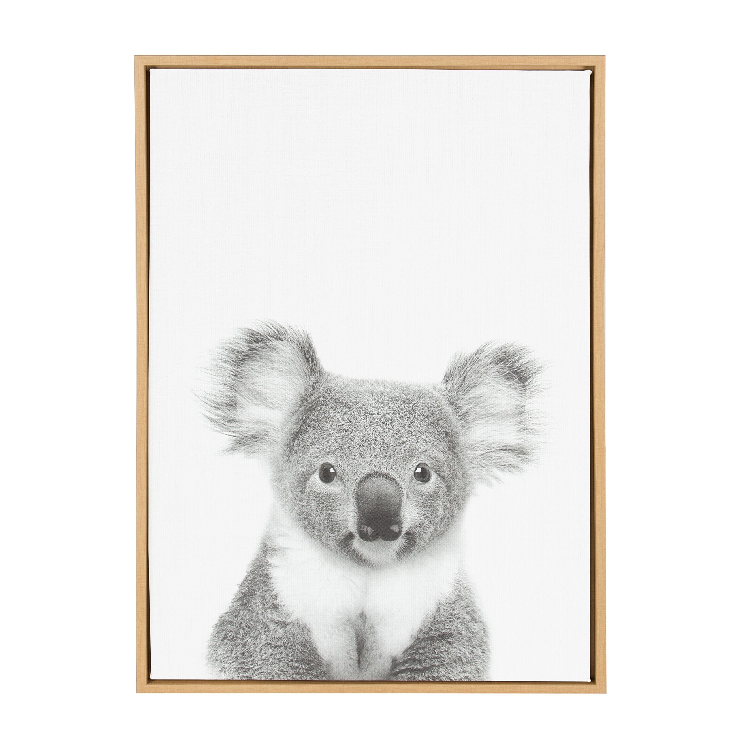 Kate and Laurel Sylvie Koala Black and White Animal Portrait Framed Canvas Wall Art, 23x33 Natural