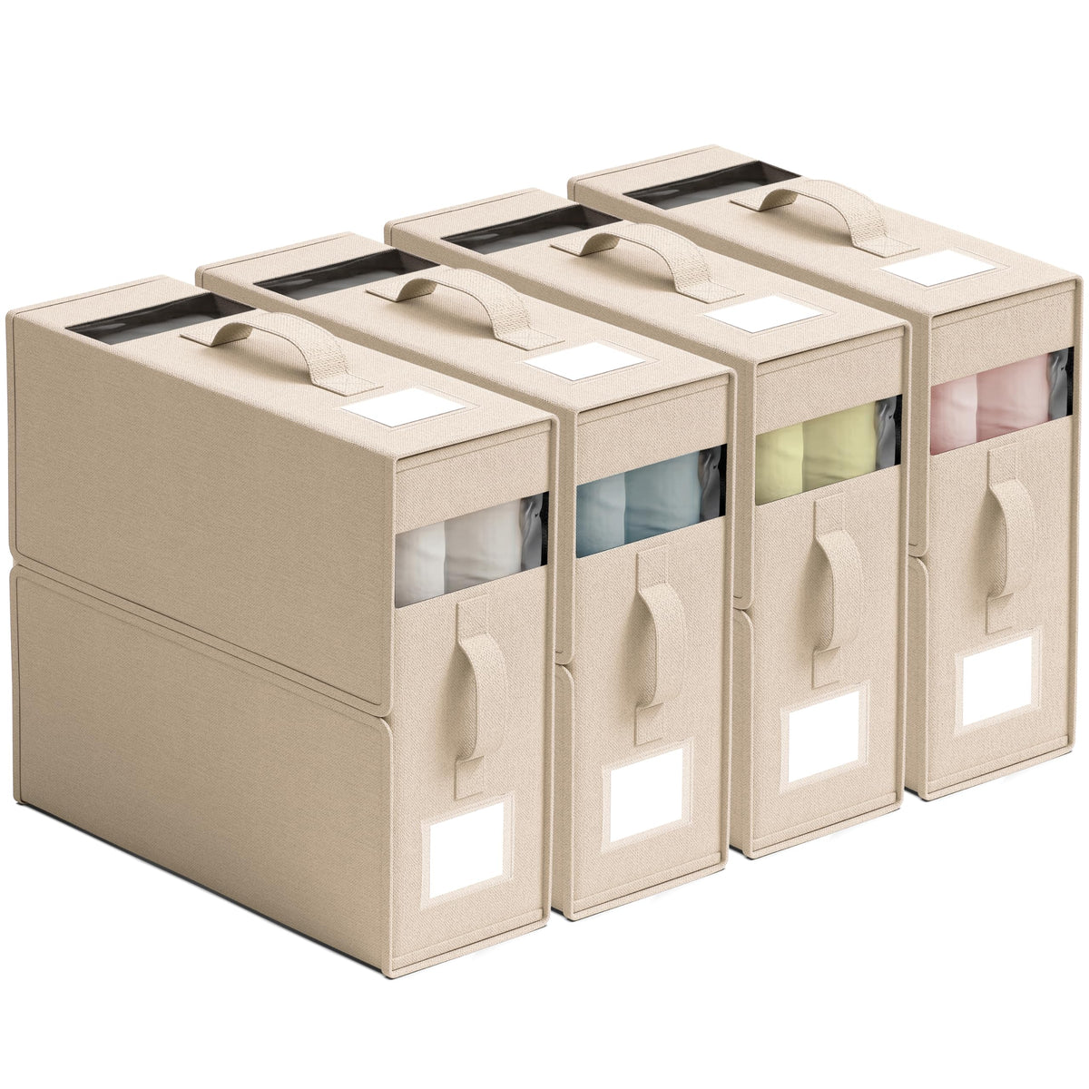 Ornavo Home Linen Bed Sheet Organizer Bins 4 Pack, With Handles, Khaki