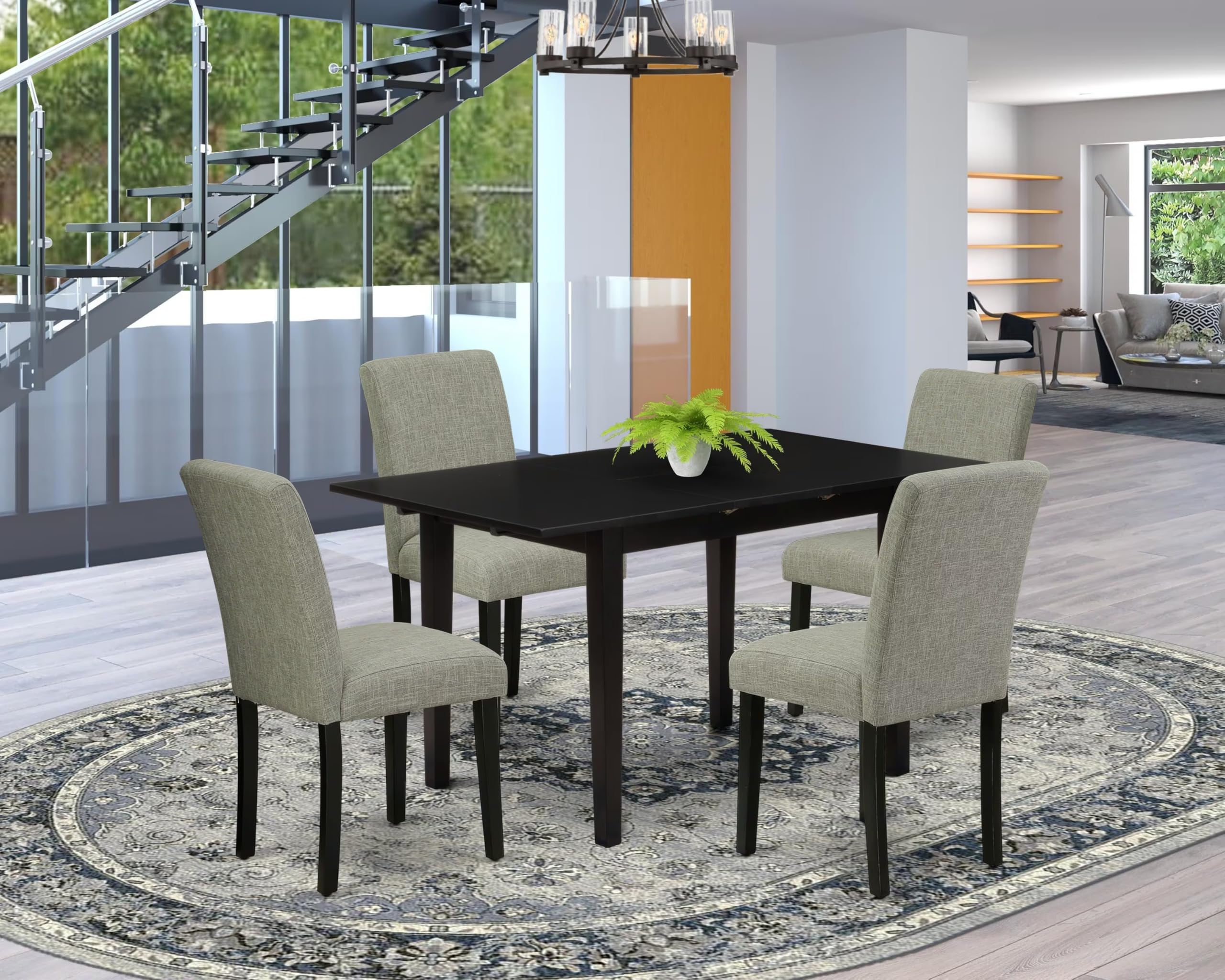 East West Furniture Noab5-Blk-06 5 Piece Dining Set Includes A Rectangle Dining Room Table With Butterfly Leaf And 4 Shitake Linen Fabric Upholstered Parson Chairs, 32X54 Inch, Black