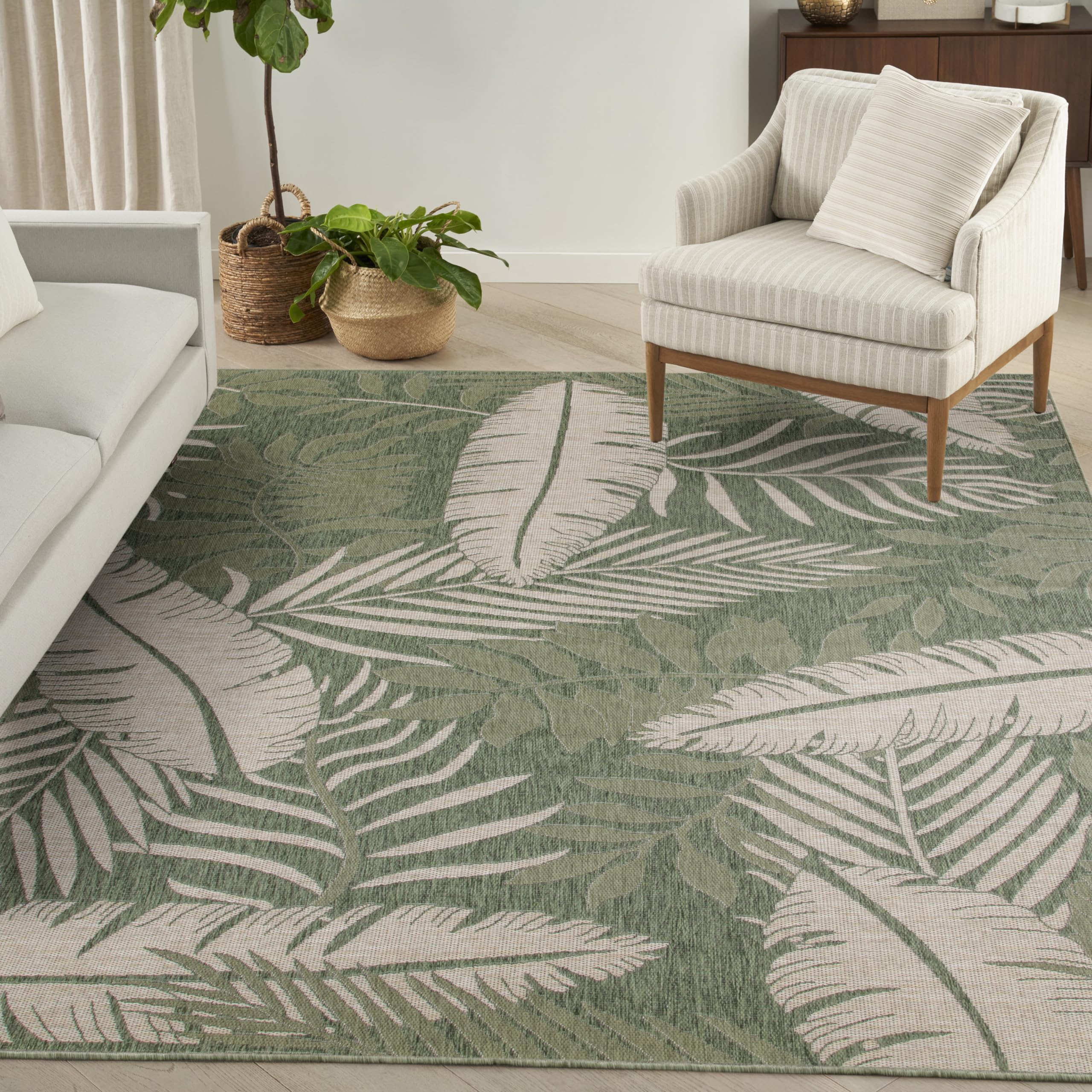 Nourison Garden Oasis Tropical Green Ivory 8' X 10' Area Rug, Easy Cleaning, Non Shedding, Bed Room, Living Room, Dining Room, K