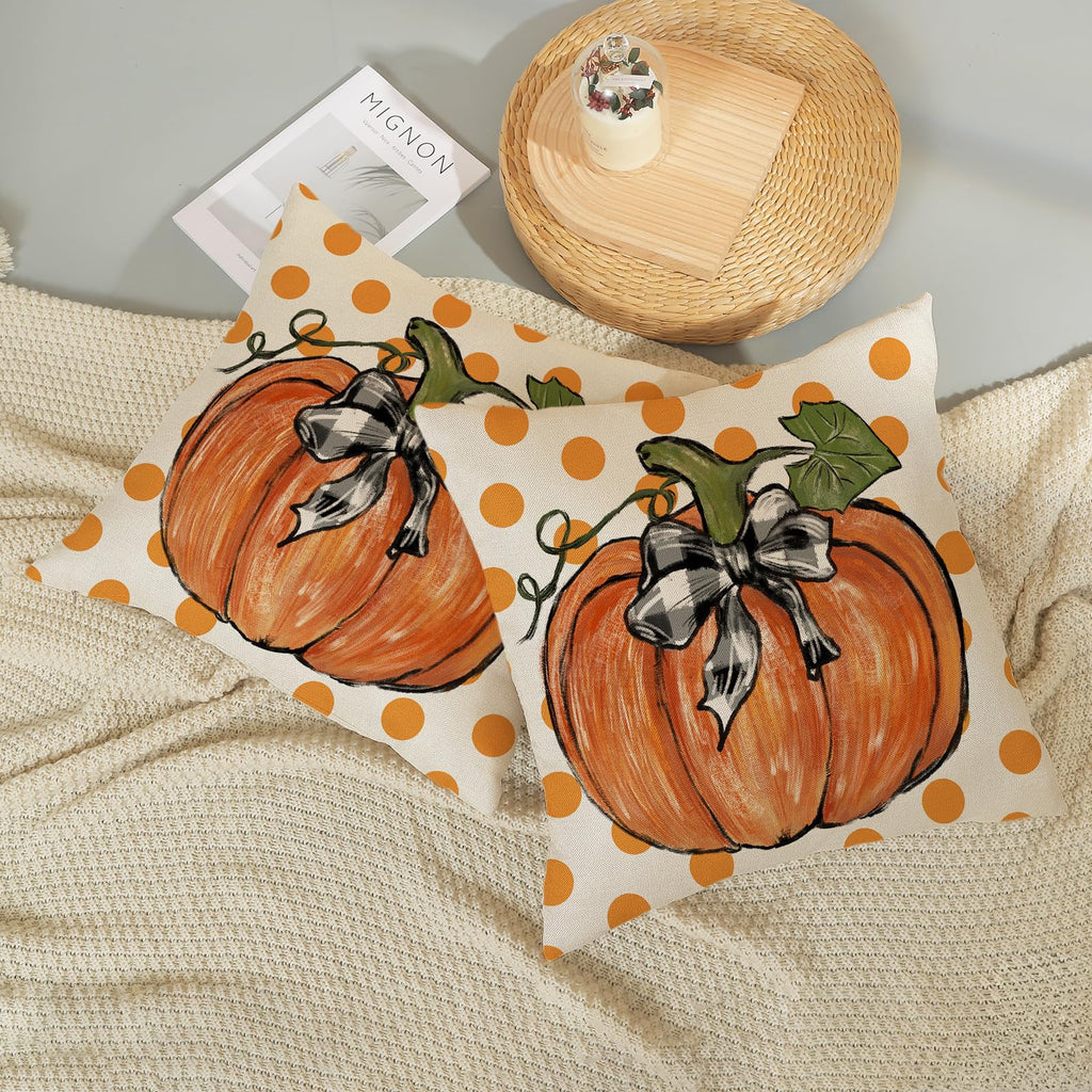 Gohdiwh Fall Pillow Covers 16X16 Set Of 2 Orange Pumpkin Leaf And Polka Dot Fall Decor Pillowcase Autumn Thanksgiving Decorative