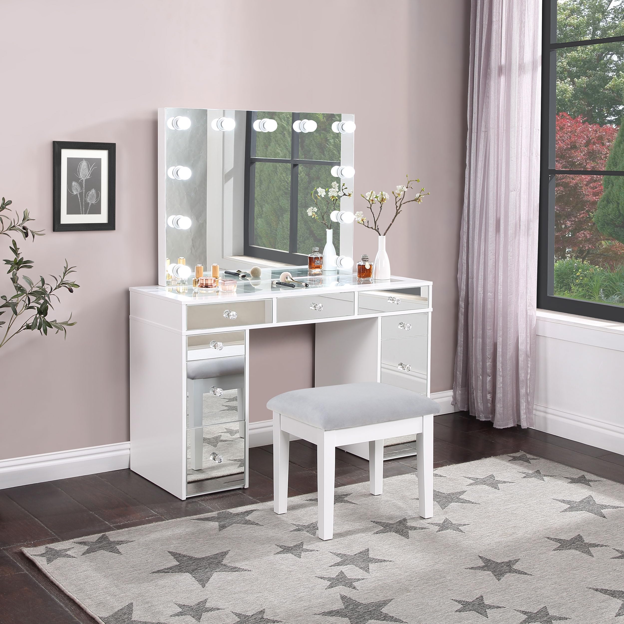 Coaster Home Furnishings Regina Contemporary 3-Piece 9-Drawer Mirrored Makeup Vanity Desk with Hollywood Vanity Mirror for Bedroom with Grey Velvet Upholstered Stool White 930245