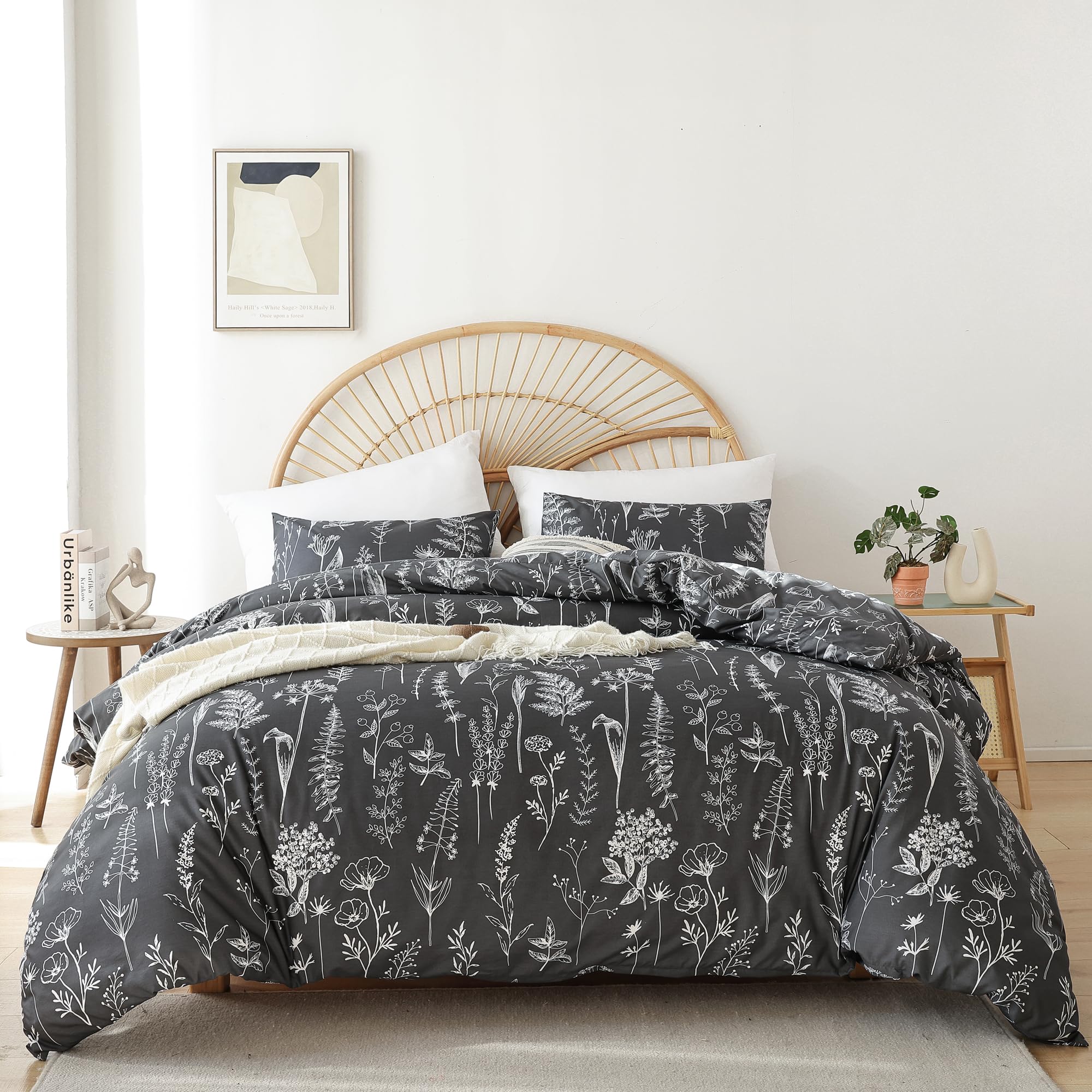 Janzaa Full Comforter Set Dark Grey Comforter Floral Bedding Sets 3 Pieces Flowers Bed Comforter 1 Soft Reversible Cute Botanical With 2 Pillow Shams