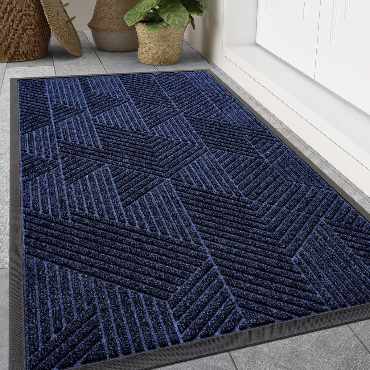 Smiry Front Door Mat Outside Entrance, Heavy Duty Sturdy Natural Rubber Doormat, Trap Dirt And Moisture, Easy Clean Low Profile Welcome Floor Mats For Indoor Outdoor Entry, 47X24 Inch, Navy Blue