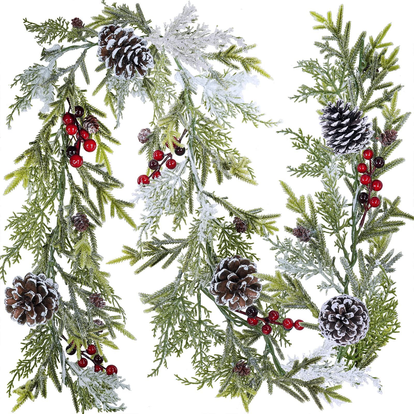 6 Long Snowy Artificial Pine and Cedar Christmas Garland with Pine Cones Red Berries Winter Greenery Garland for Christmas Wedd