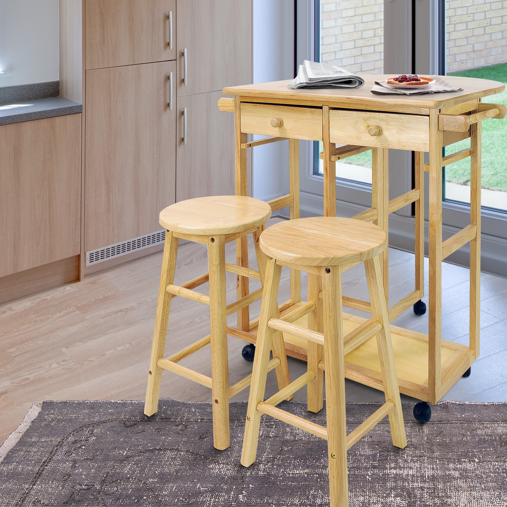 Casual Home Natural Breakfast Kitchen Cart With Drop-Leaf Table