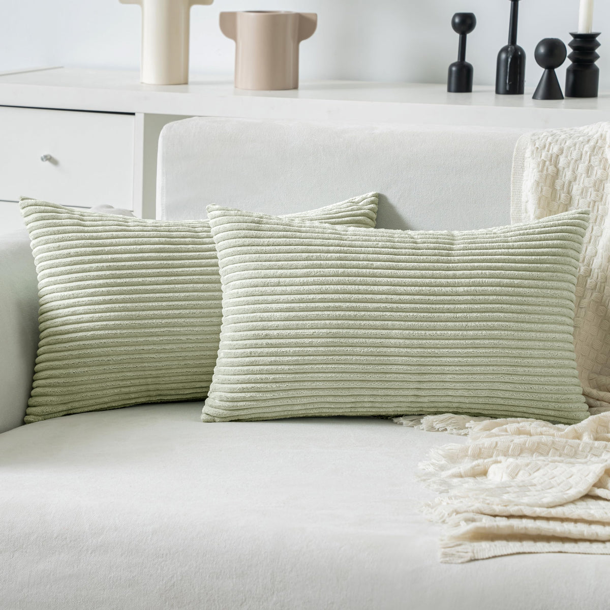 Miulee Light Green Corduroy Pillow Covers 12X20 Inch Set Of 2 Super Soft Boho Striped Pillow Covers Decorative Textured Throw Pi