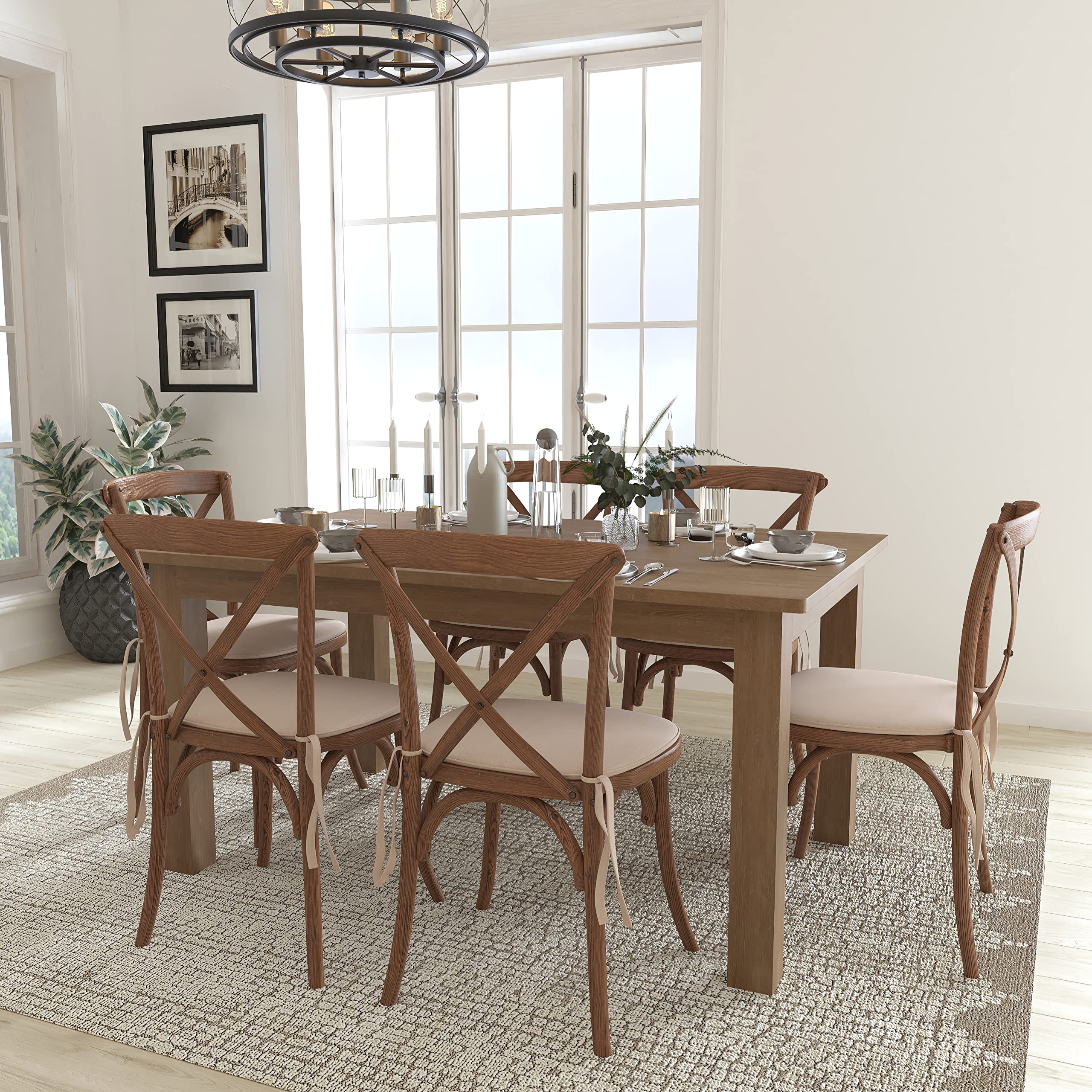 Flash Furniture HERCULES Series 7' x 40'' Antique Rustic Folding Farm Table Set with 6 Cross Back Chairs and Cushions