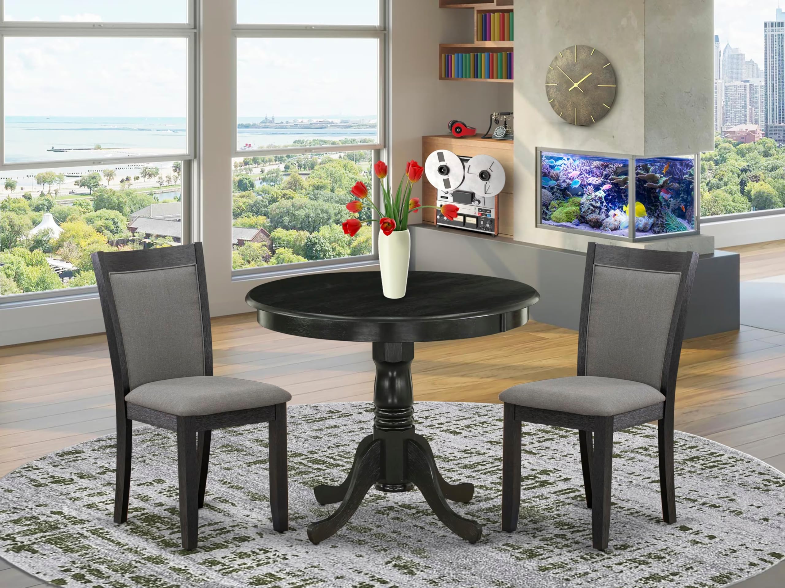 East West Furniture ANMZ3-AB6-50 3 Piece Dining Table Set Contains a Round Kitchen Table with Pedestal and 2 Dark Gotham Grey Linen Fabric Upholstered Chairs, 36x36 Inch, Wirebrushed Black