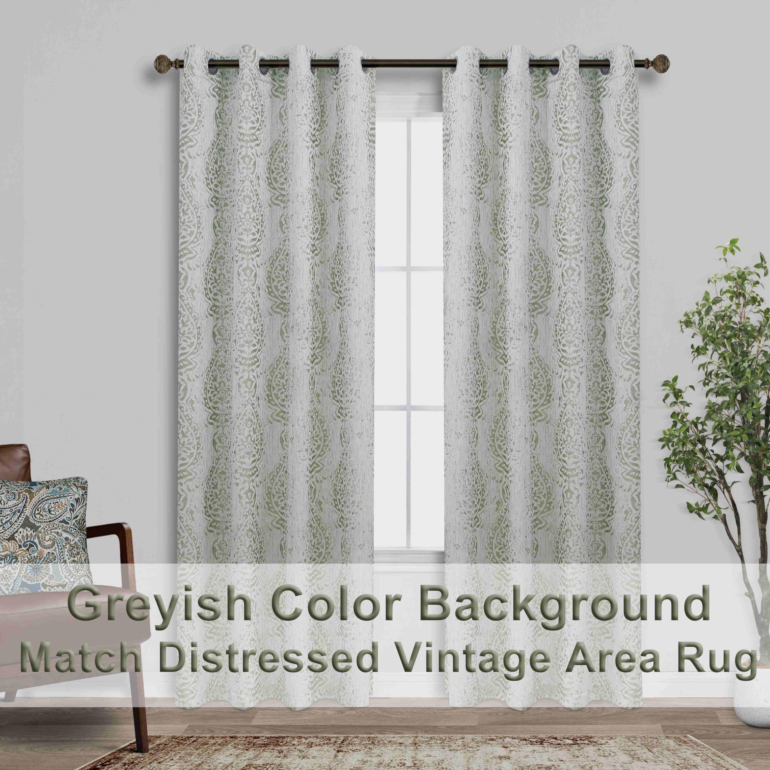 Sage Green Curtains 84 Inches Long For Living Room Light Filtering Distressed Damask Pattern Room Darkening Window Curtain Drapes For Bedroom,Set Of 2 Panels,Light Green And Greyish Cream 84 In Length