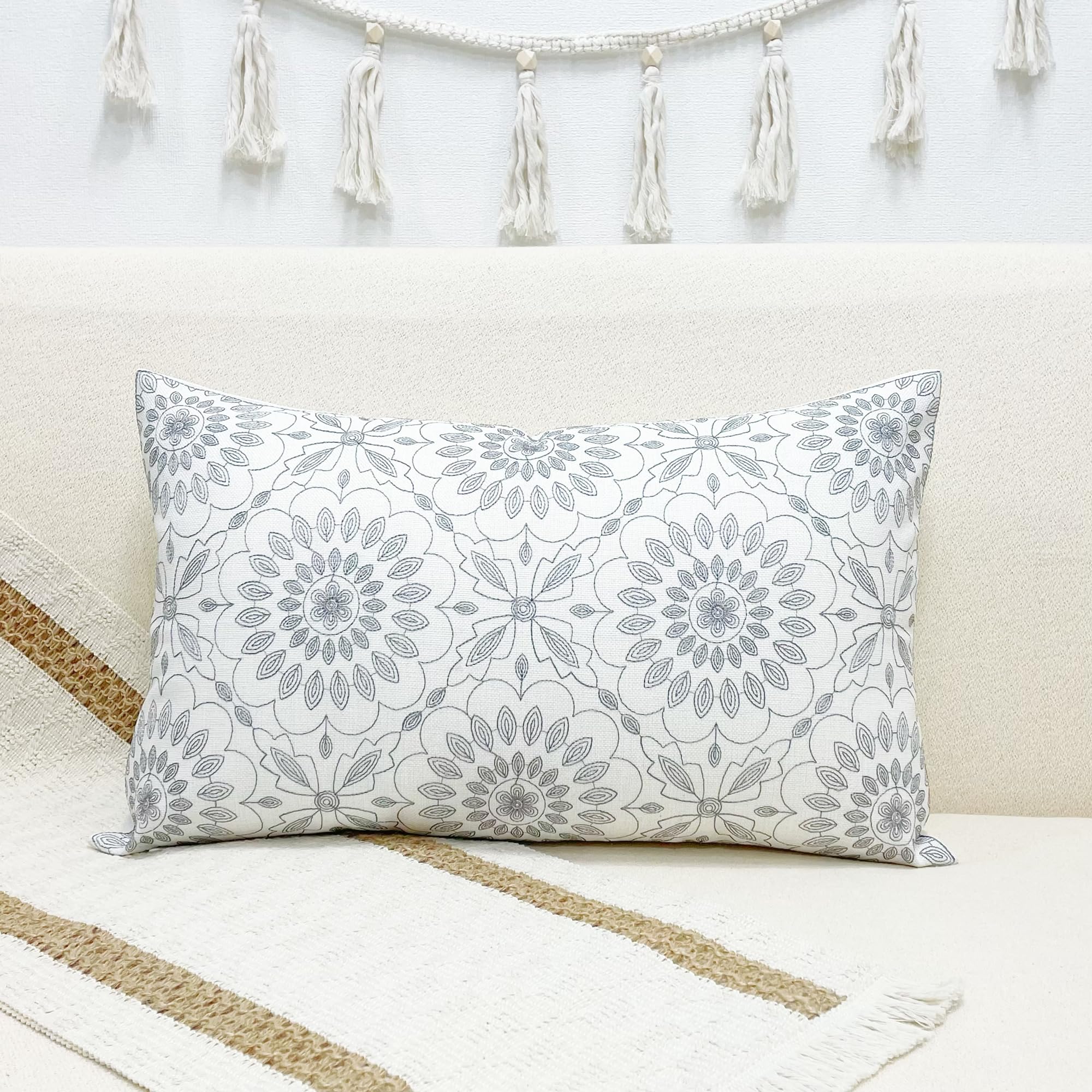 Slow Cow Linen Embroidery Decorative Lumbar Throw Pillow Cover Rectangular Pillow Cover Cushion Cover 12 X 20 Inches Dark Gray G