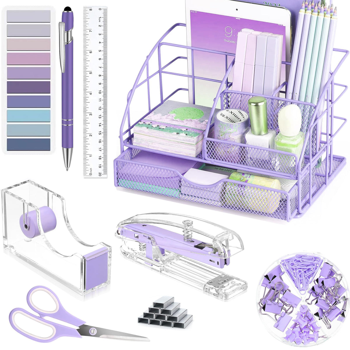 Purple Desk Organizers And Accessories, Purple Office Supplies With Mesh Desk Organizer, Acrylic Tape Dispenser And Stapler, Sta