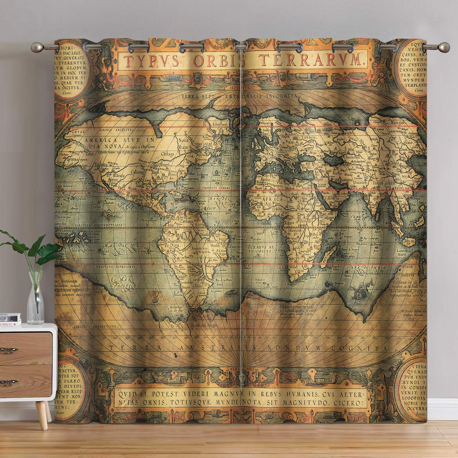 Jekeno World Map Blackout Curtains World Map Vintage Print Grommet Window Drapes for Bedroom Living Room 2 Panel Set, 52x84