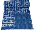 YUVANCRAFTS Indian Handmade Twin Kantha Quilt Hand Block Print Blue Color Kantha Throw Single Size Cotton Quilt Blanket Bedsprea