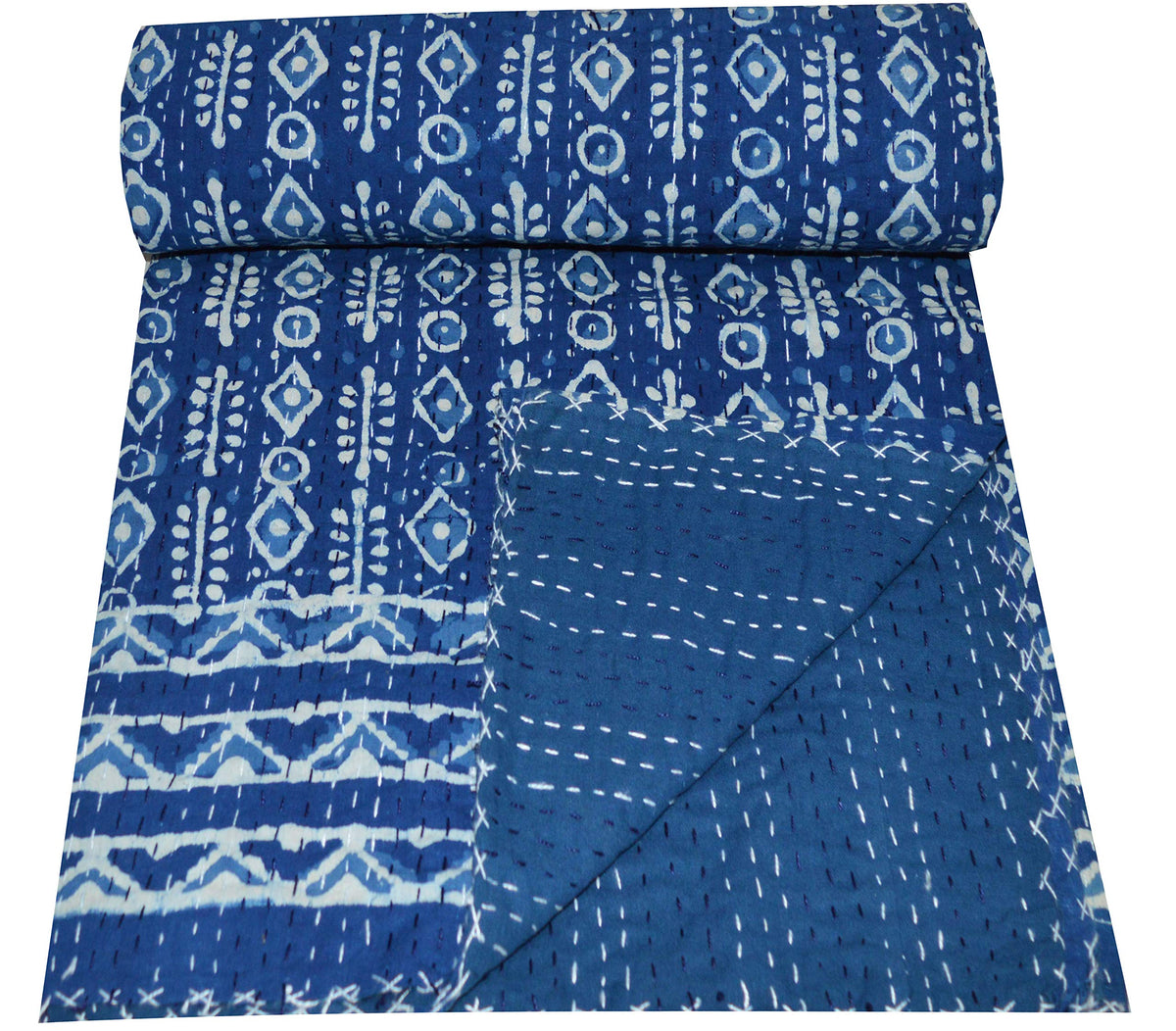 YUVANCRAFTS Indian Handmade Twin Kantha Quilt Hand Block Print Blue Color Kantha Throw Single Size Cotton Quilt Blanket Bedsprea