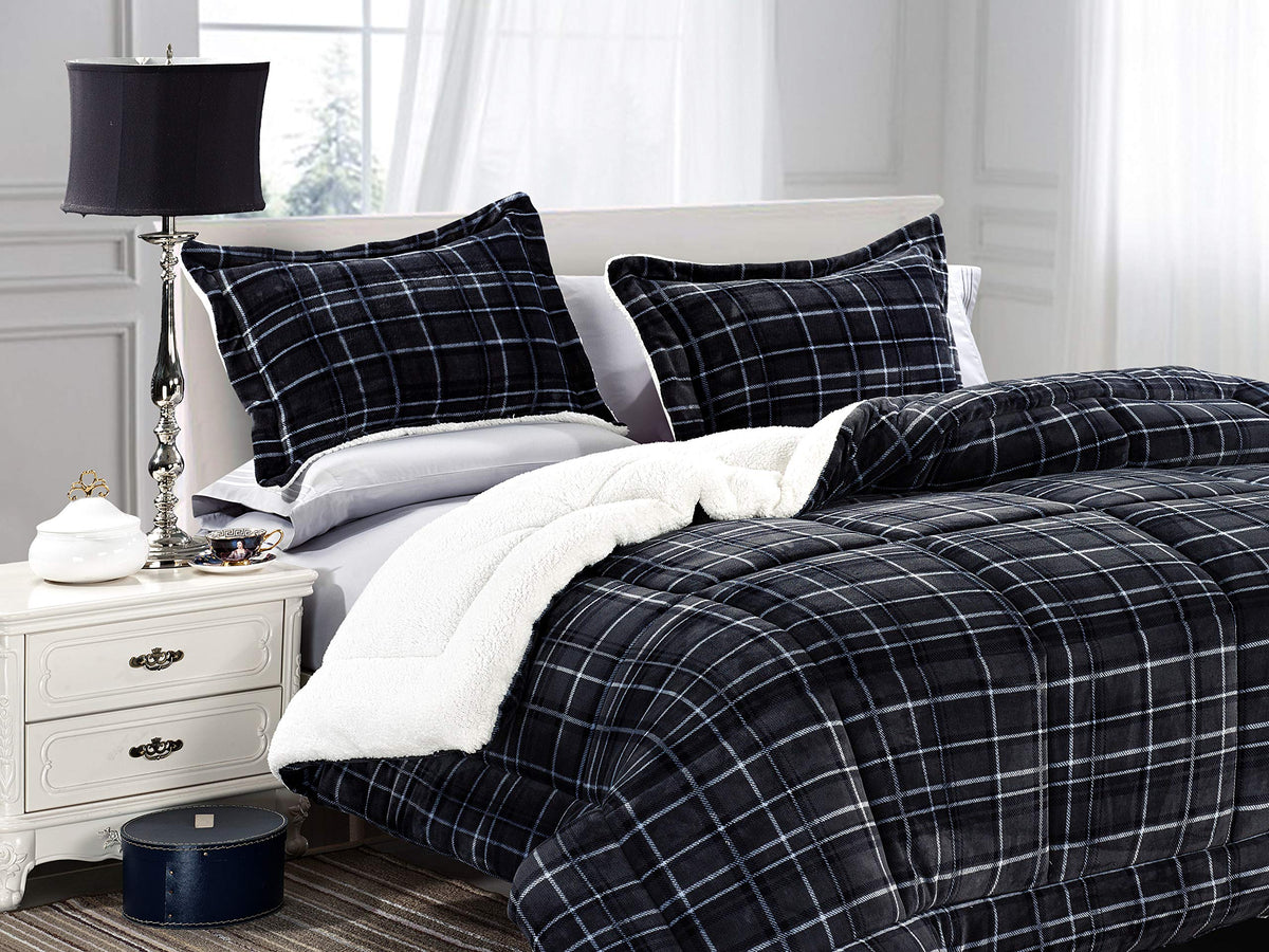 Elegant Comfort Softest, Coziest Heavy Weight Plaid Pattern Micromink Sherpa-Backing Premium Quality Down Down Alternative Micro
