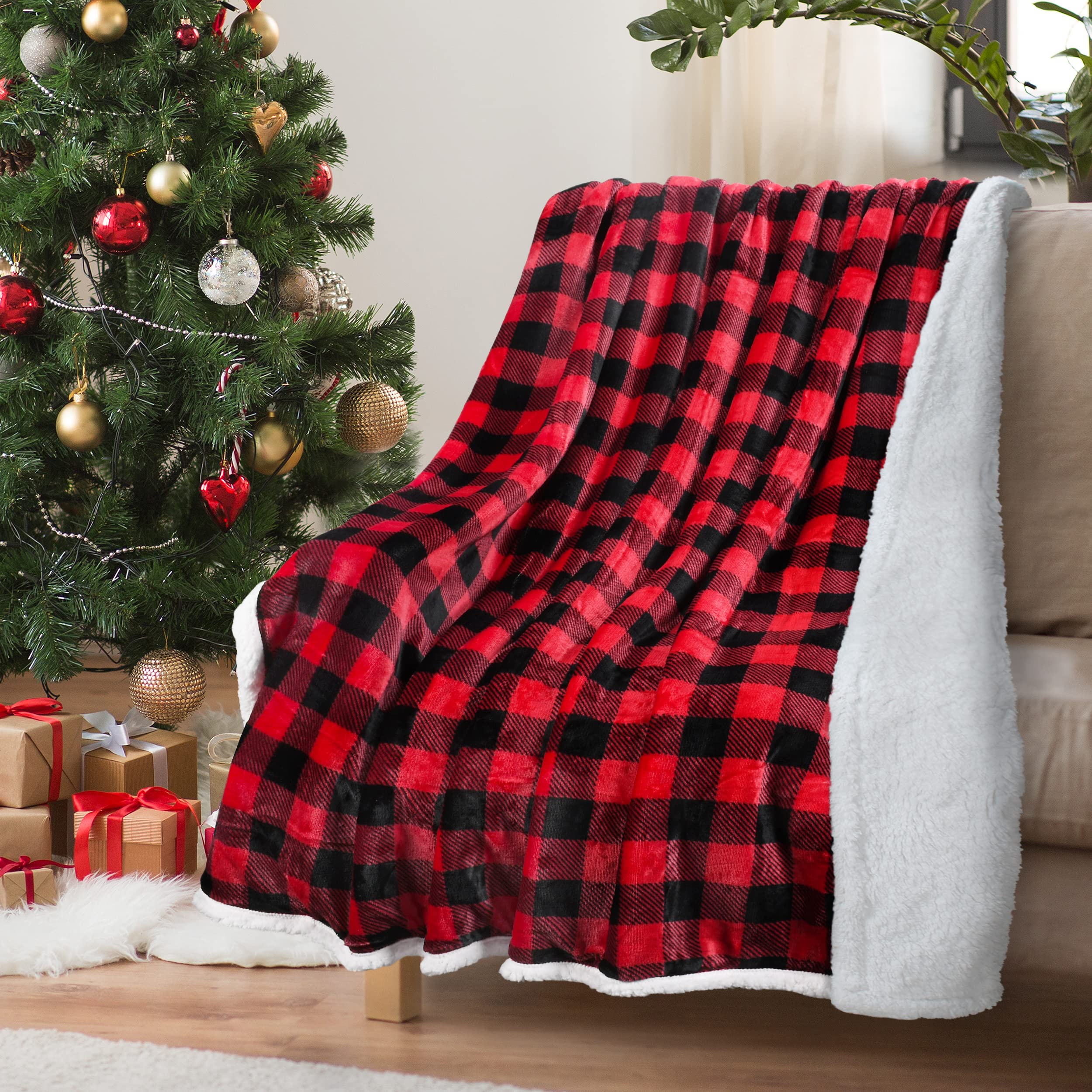 Red Buffalo Plaid Sherpa Throw Tv Blanket 50' X 60', Super Soft Warm Comfy Plush Fleece Bedding Couch Cabin Throw Blanket