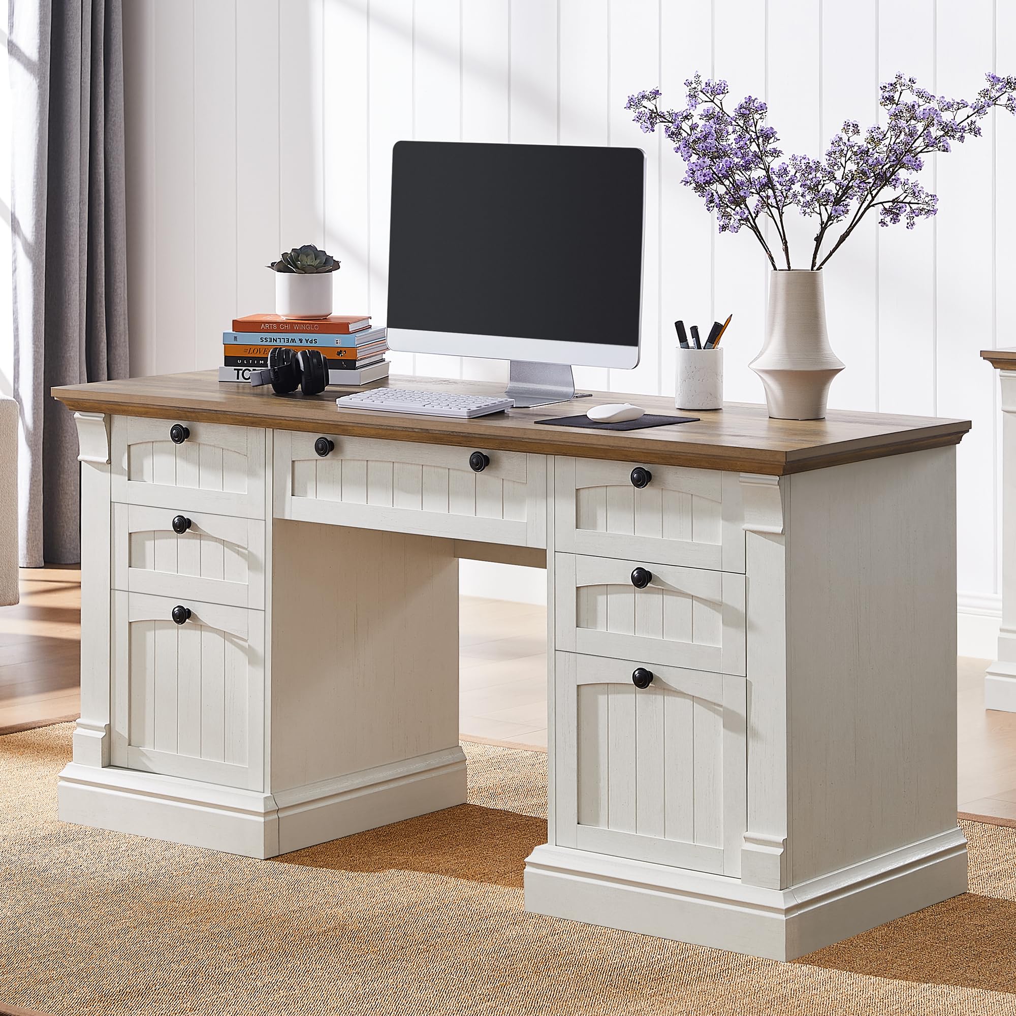 OKD 60 Executive Desk with Drawers, Farmhouse Home Office Desk with Charging Station, Keyboard Tray, File Cabinet Storage, Wood 