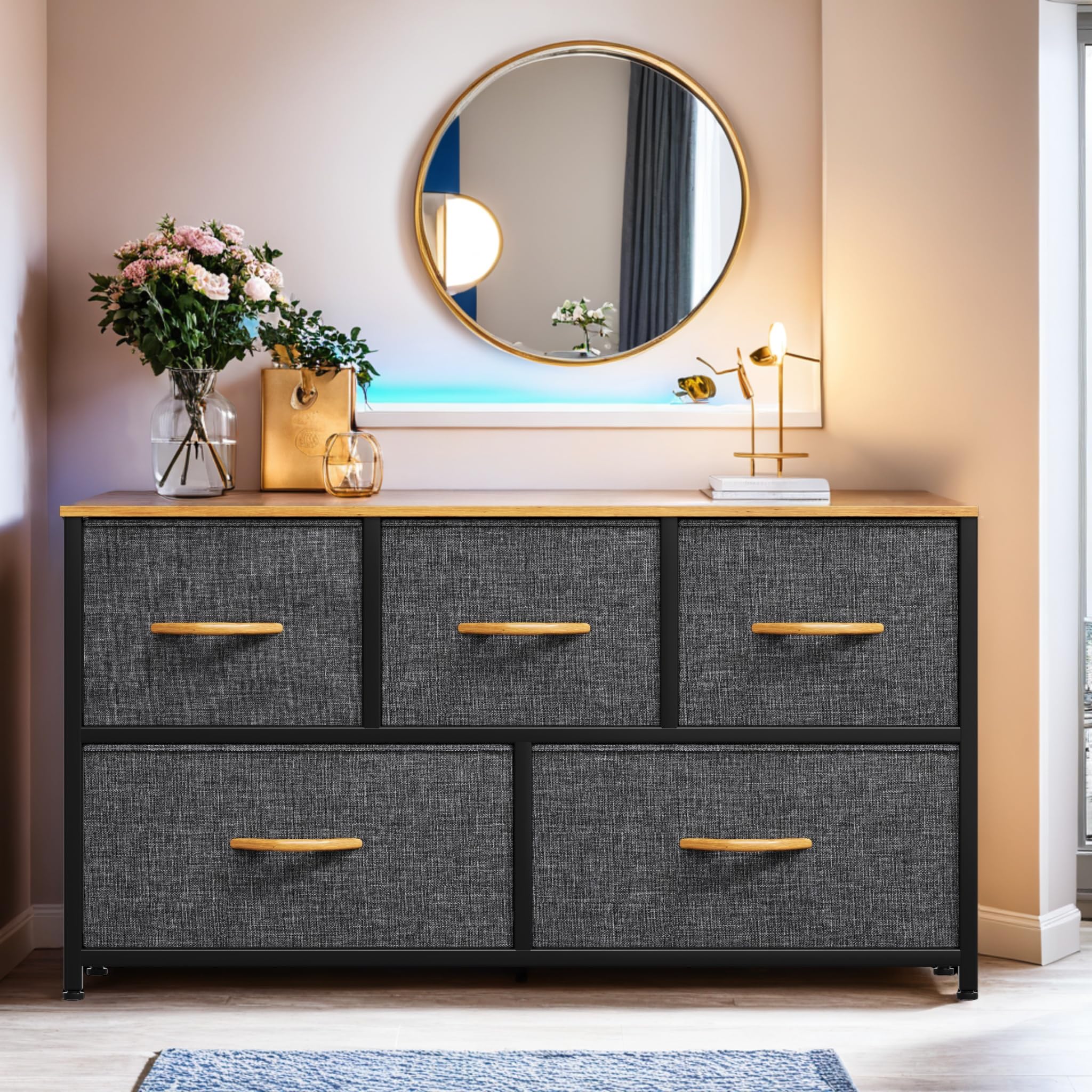 Yitahome Dresser With 5 Drawers - Fabric Storage Tower, Organizer Unit For Bedroom, Living Room, Closets & Nursery - Sturdy Steel Frame, Wooden Top (5 Wider Drawers Cool Grey)