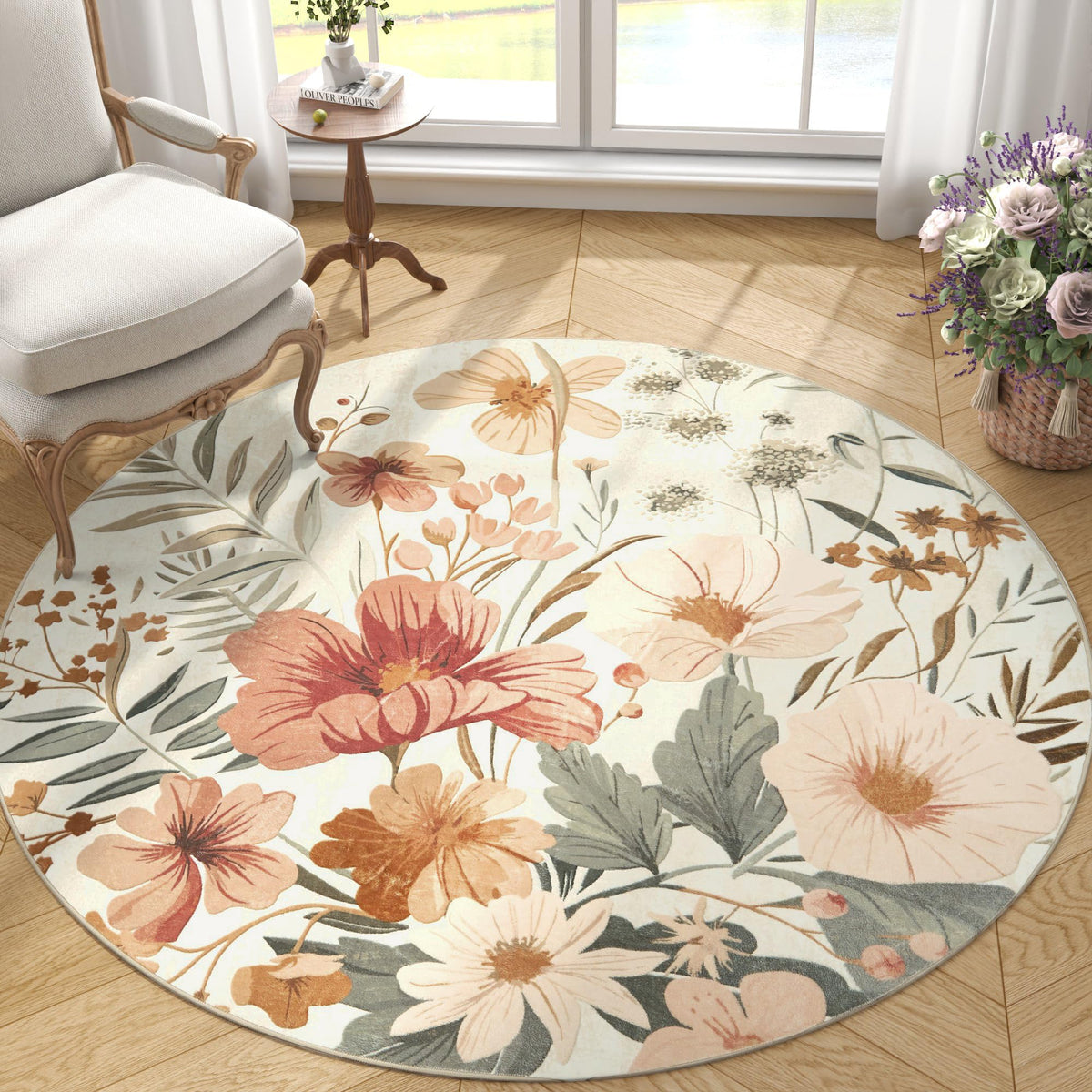 jinchan Round Rug 4ft Area Rug Indoor Floral Circle Rug 4' Round Washable Rug Modern Rug Oriental Flower Print Rug Non Slip Carp