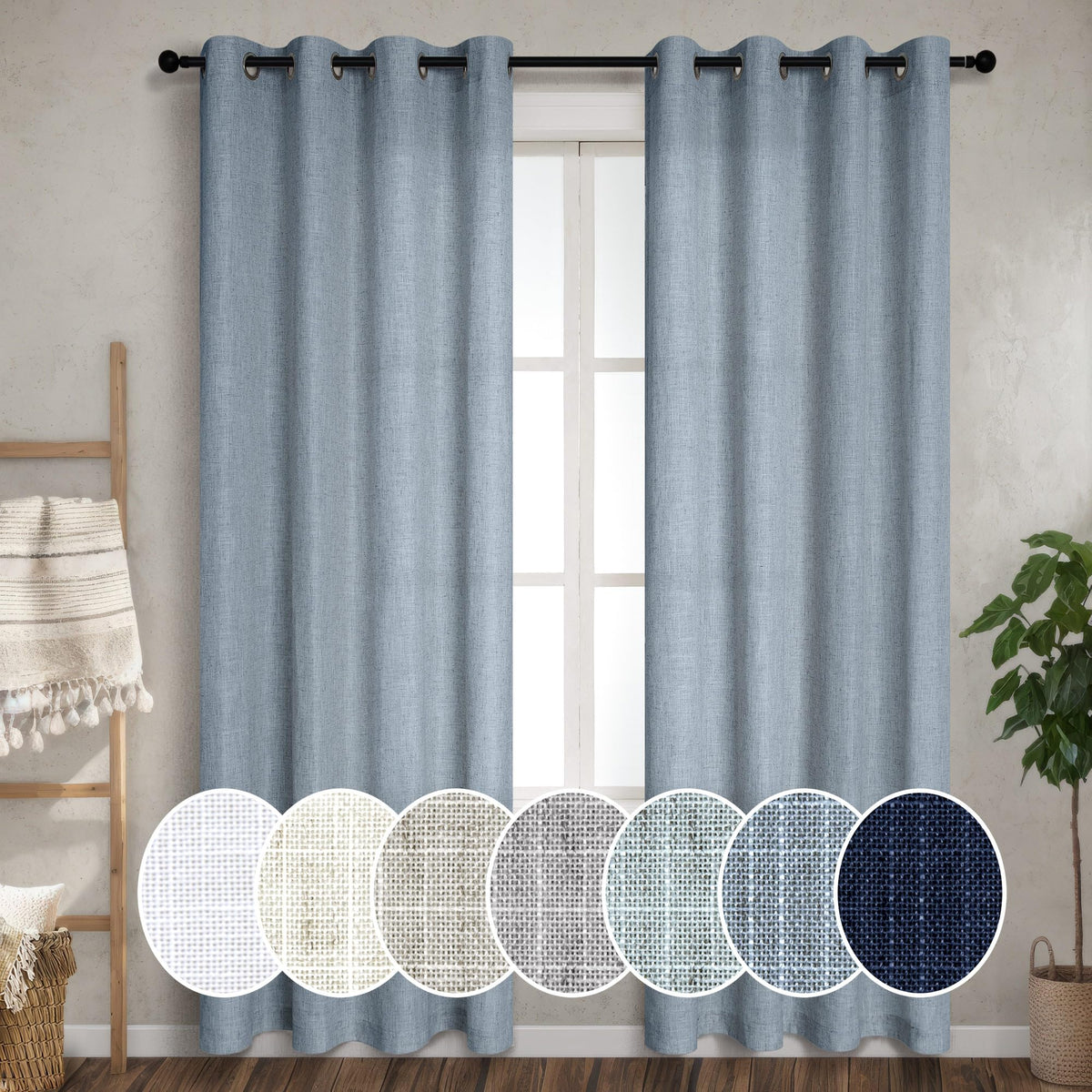 Pitalk Light Blue Linen Curtains 90 Inches Long For Bedroom 2 Panel Grommet Lightweight Drape Semi Sheer Cotton Textured Stone B