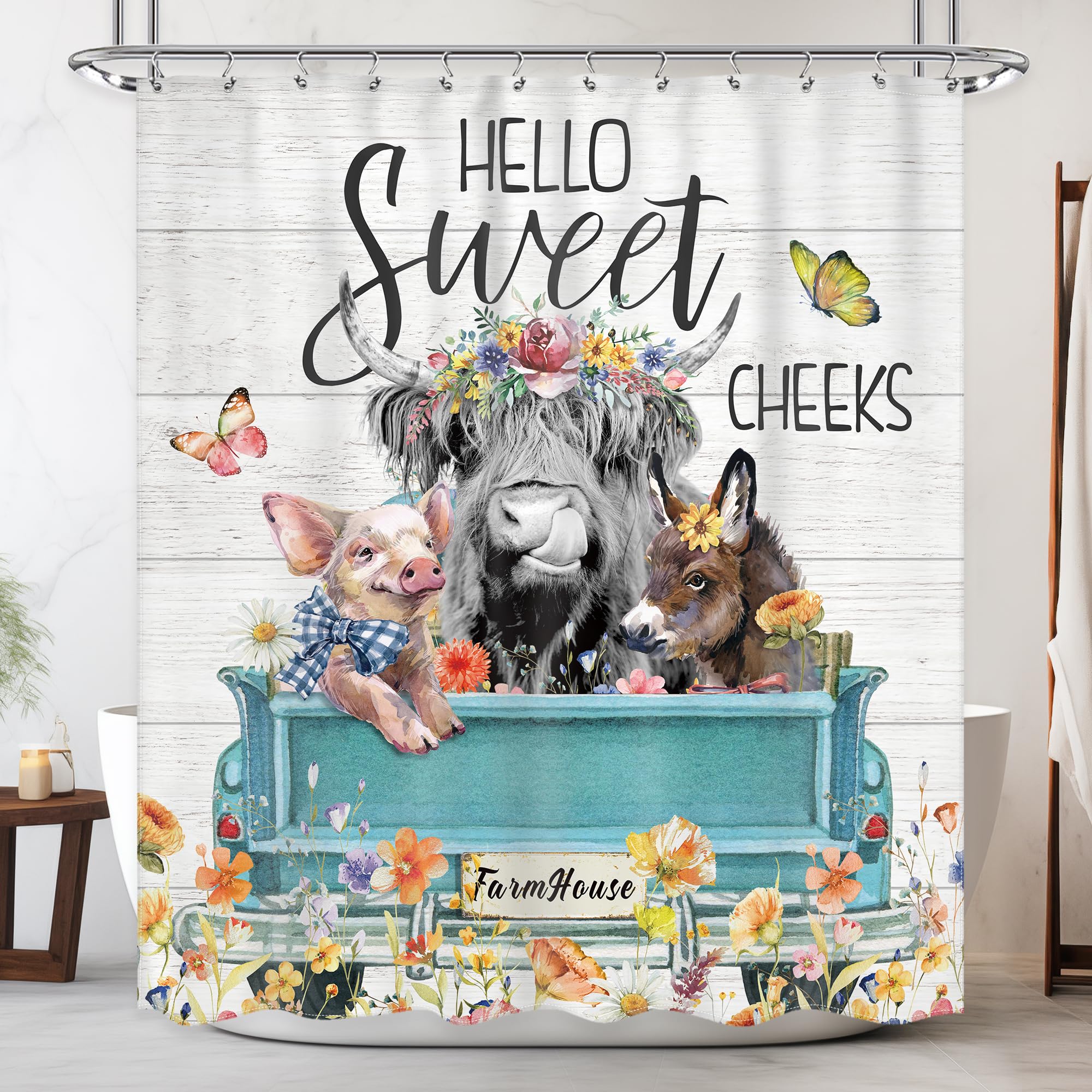 Newsely Highland Cow Farm Shower Curtains For The Bathroom, Cute Cow Chicken And Pig With Flowers On Truck Bathroom Set, Western