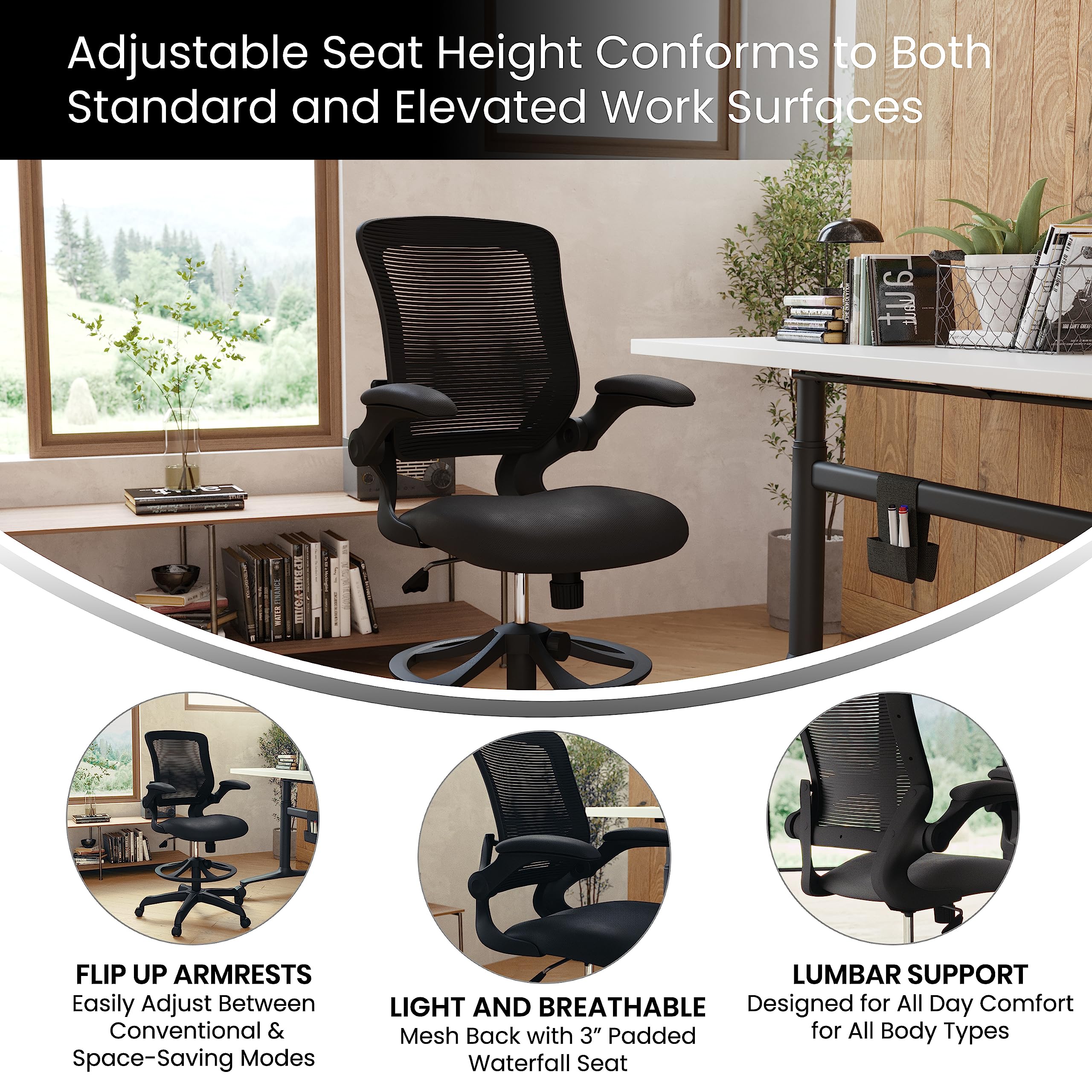 Flash Furniture Kale Mid-Back Swivel Office Chair With Adjustable Foot Ring, Lumbar Support, And Seat Height, Ergonomic Mesh Executive Chair, Black