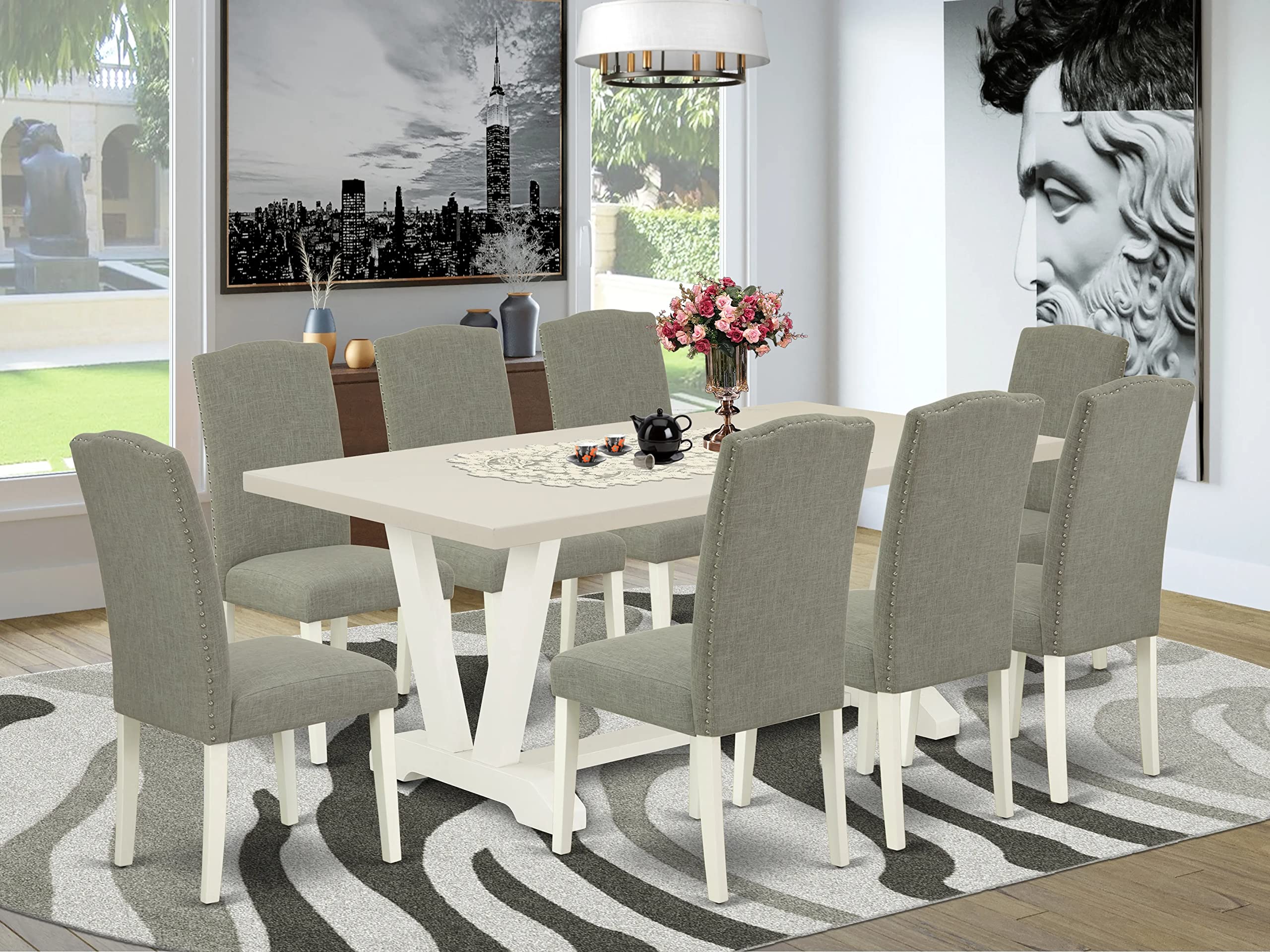 East West Furniture V-Style 9 Piece Dining Room Set Includes A Rectangle Kitchen Table With V-Legs And 8 Dark Shitake Linen Fabric Upholstered Chairs, 40X72 Inch, V027En206-9