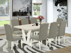 East West Furniture V-Style 9 Piece Dining Room Set Includes A Rectangle Kitchen Table With V-Legs And 8 Dark Shitake Linen Fabric Upholstered Chairs, 40X72 Inch, V027En206-9