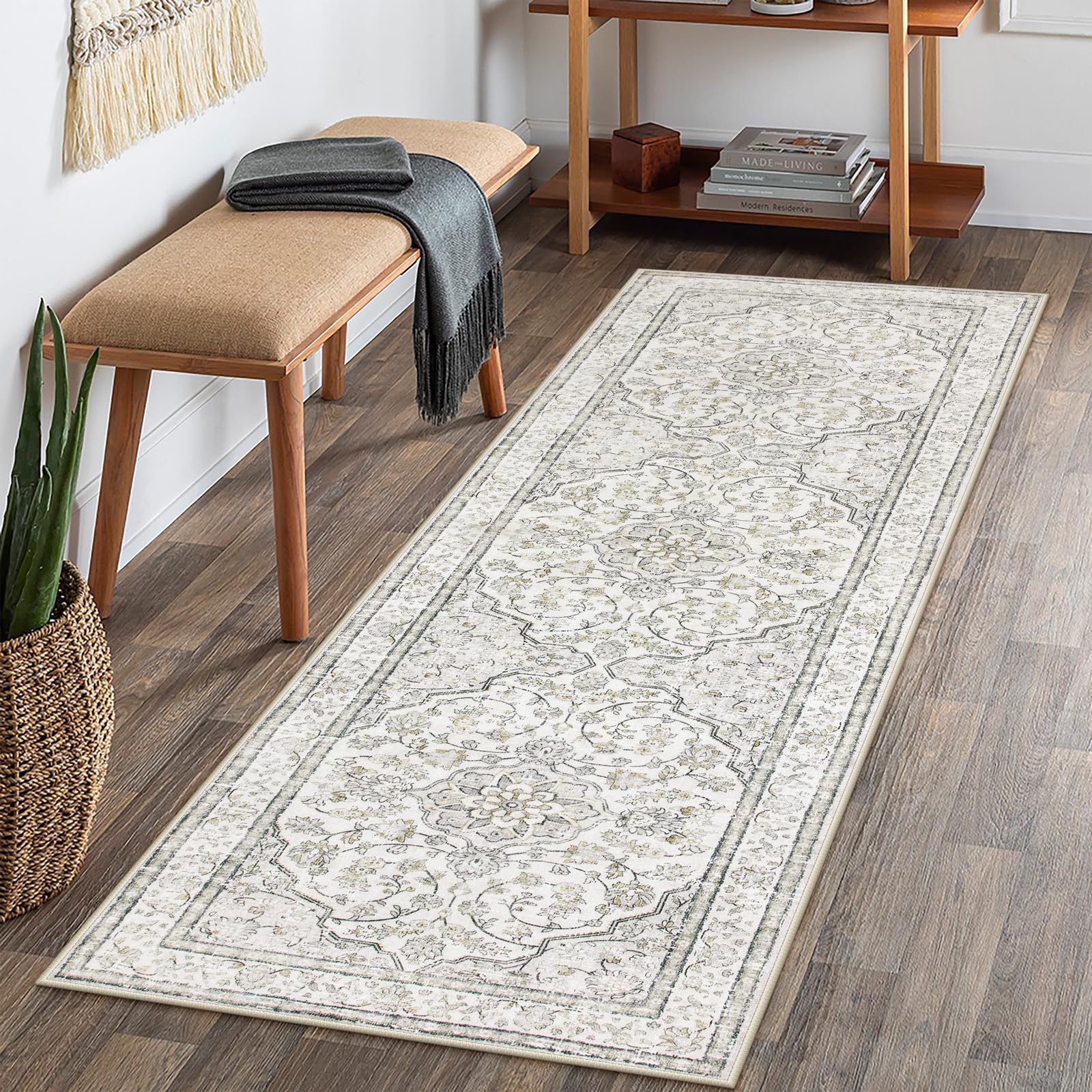 Lahome Oriental Bathroom Runner Rug,Washable 2x6 Beige Kitchen Runner Rug Non Skid Hallway Runner,Ultra-Thin Soft Rug Boho Indoo
