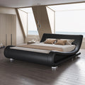 SHA CERLIN Queen Size Upholstered Bed Frame, Deluxe Low Profile Sleigh Bed with Faux Leather Ergonomics Headboard, No Box Spring