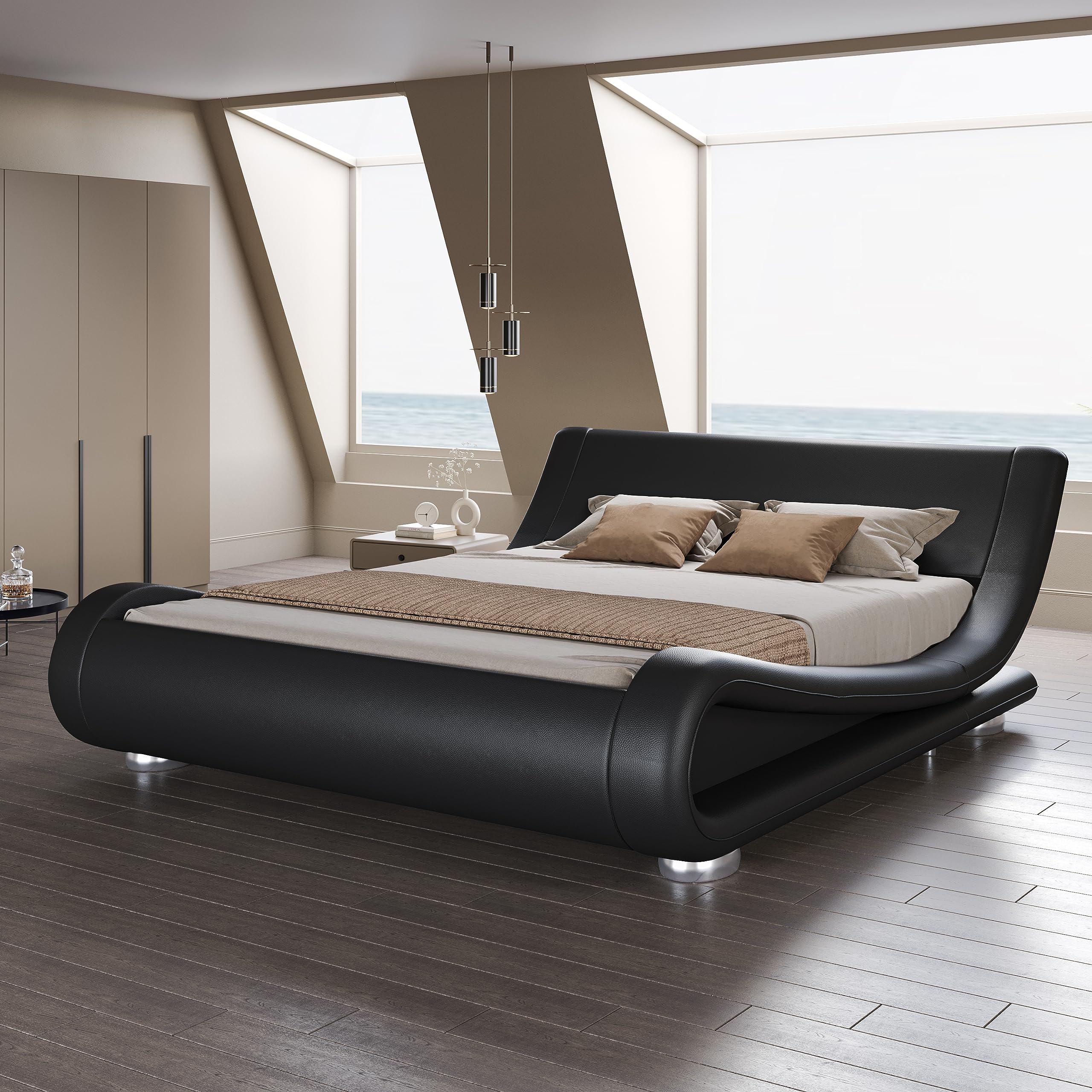 SHA CERLIN Queen Size Upholstered Bed Frame, Deluxe Low Profile Sleigh Bed with Faux Leather Ergonomics Headboard, No Box Spring