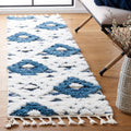 Safavieh Moroccan Tassel Shag Collection Runner Rug - 23 x 12 Runner, Blue & Ivory, Boho Design, 2-inch Thick Ideal for The Li