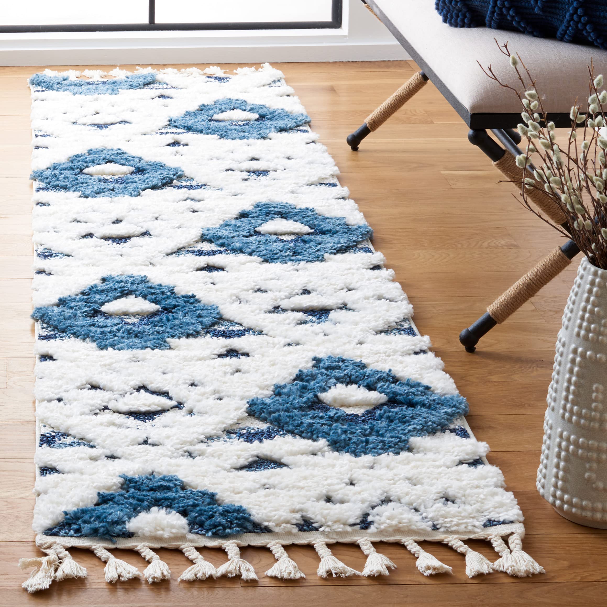 Safavieh Moroccan Tassel Shag Collection Runner Rug - 23 x 12 Runner, Blue & Ivory, Boho Design, 2-inch Thick Ideal for The Li