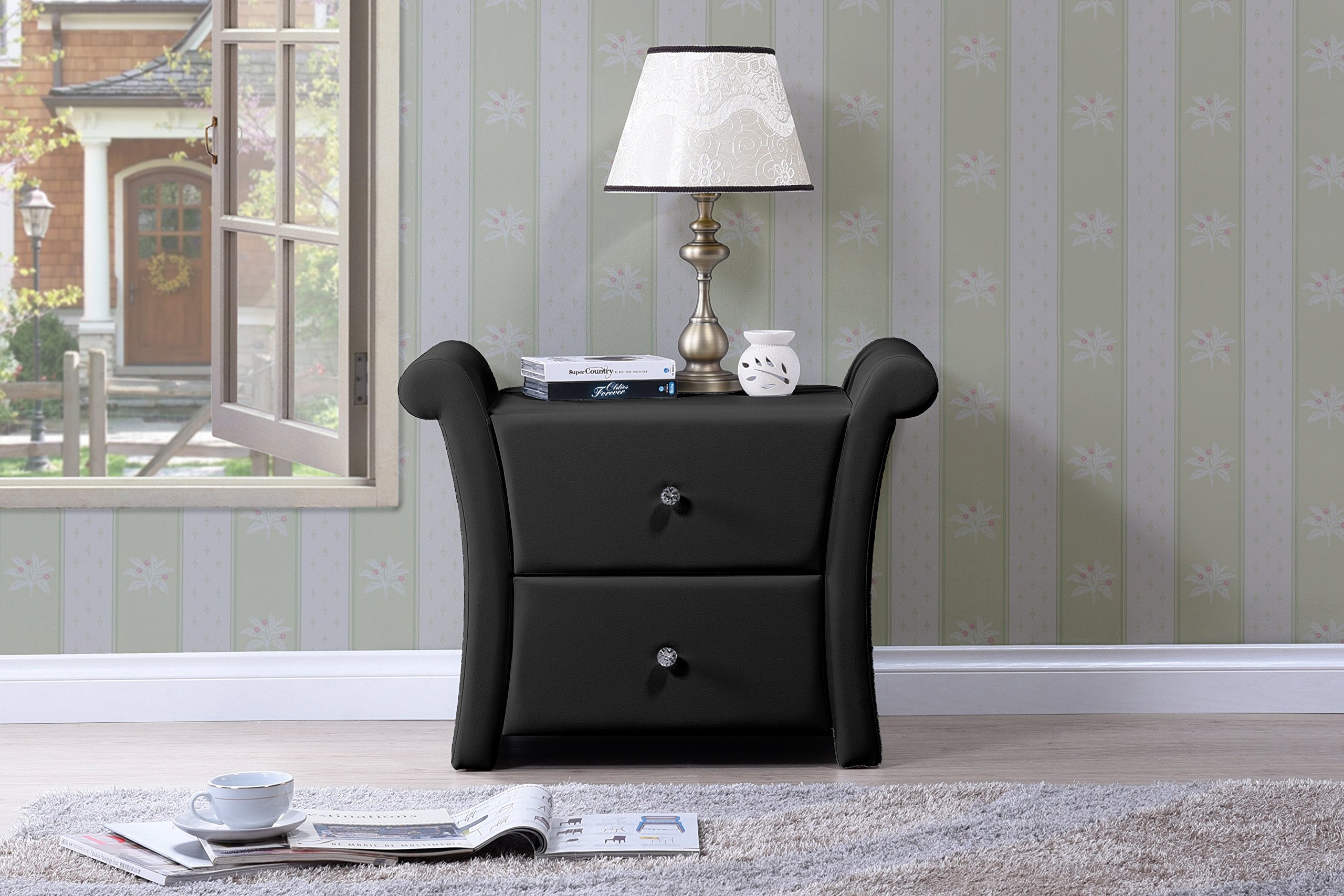 Baxton Studio Victoria Faux Leather Upholstered Modern Nightstand, Large, Black