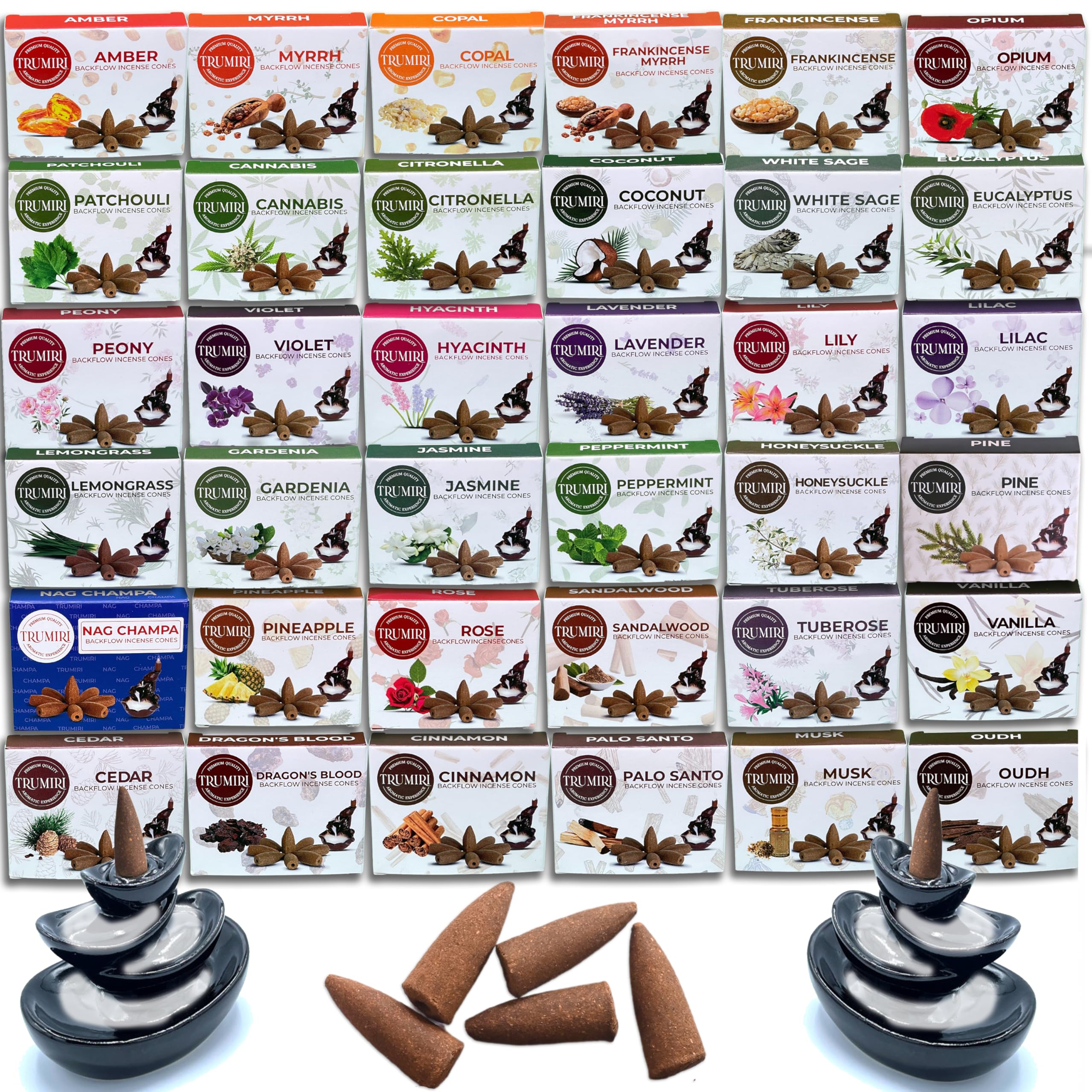Trumiri Backflow Incense Cones for Waterfall Fountain - 12 Random Scents - Insence - Insenses - Large Long Lasting Variety Pack 
