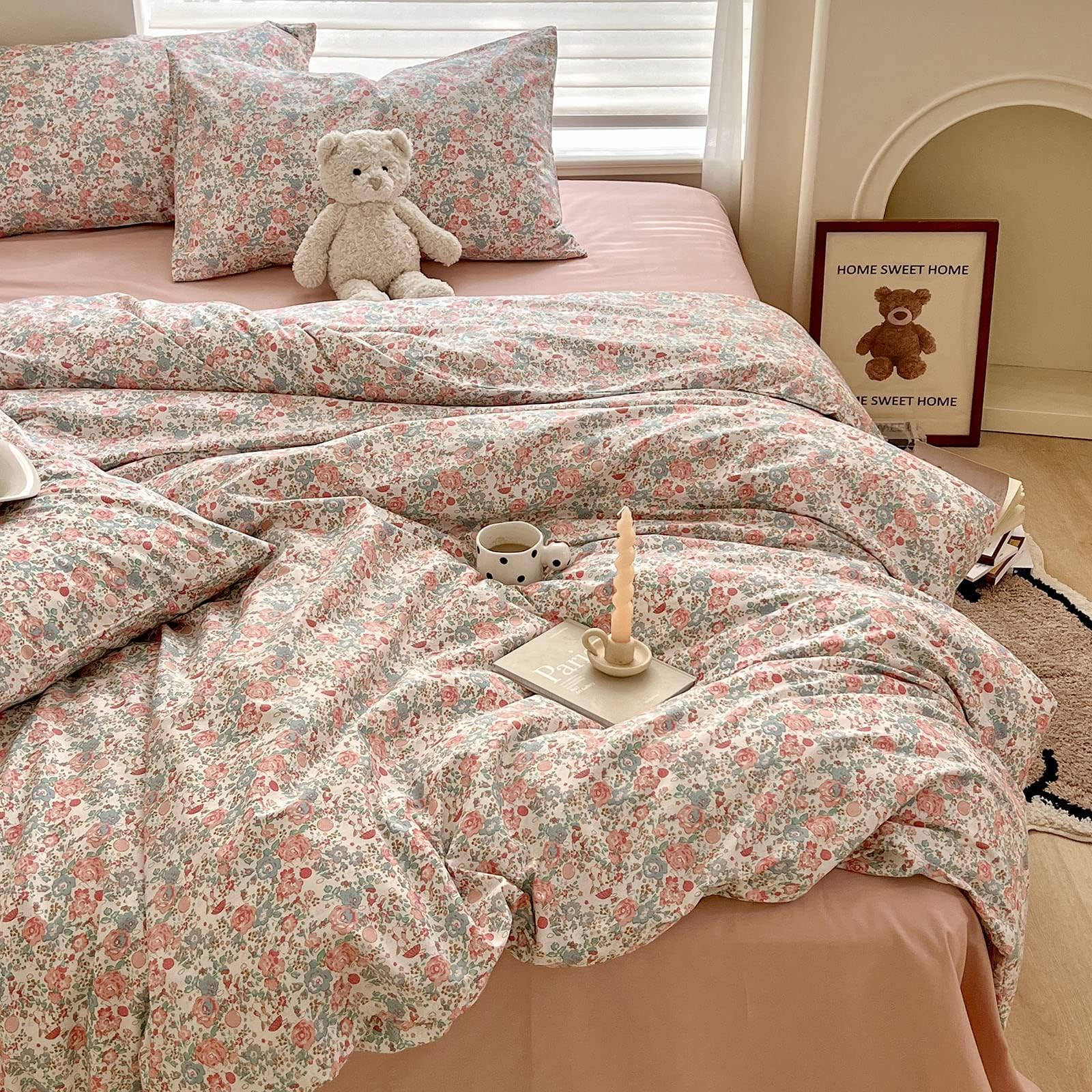 Boho Floral Duvet Cover Twin Soft Cotton Aesthetic Floral Bedding Sets French Style Pink Blue Flower Branches Duvet Cover Chic S