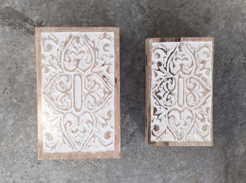 Creative Co-Op Handcarved & Whitewashed Mango Wood Boxes (Set Of 2 Sizes) Misc Non-Food Storage, White, 2 Count