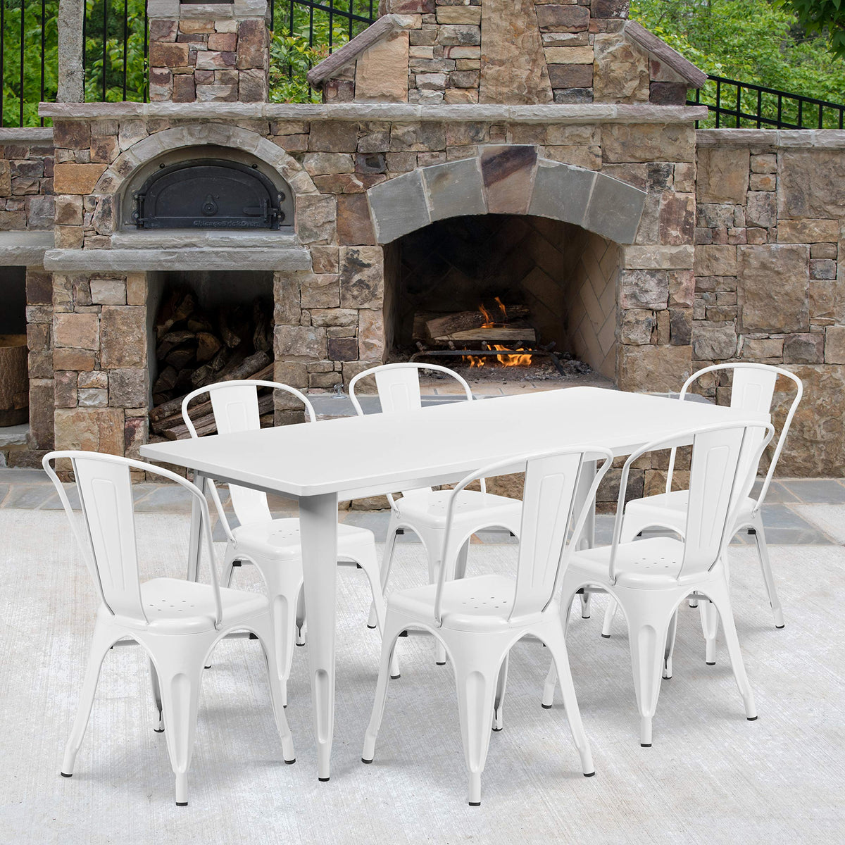 Flash Furniture Commercial Grade 31.5&quot; x 63&quot; Rectangular White Metal Indoor-Outdoor Table Set with 6 Stack Chairs