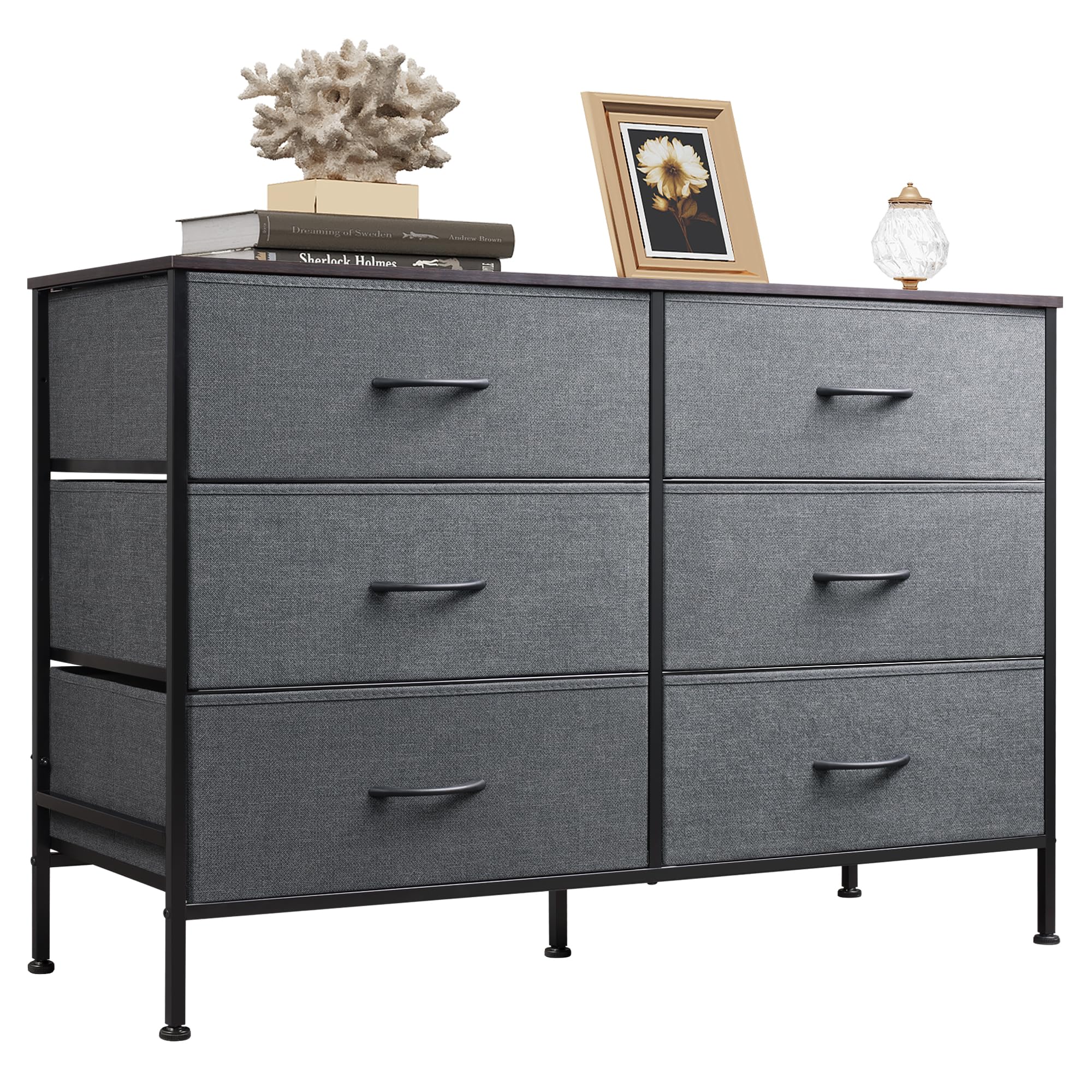 Wlive Dresser For Bedroom With 6 Drawers, Wide Fabric Dresser Tv Stand For 50 Inches Tv, With Metal Frame, Wooden Top, Fabric Storage Dresser For Bedroom, Hallway,Dark Gray