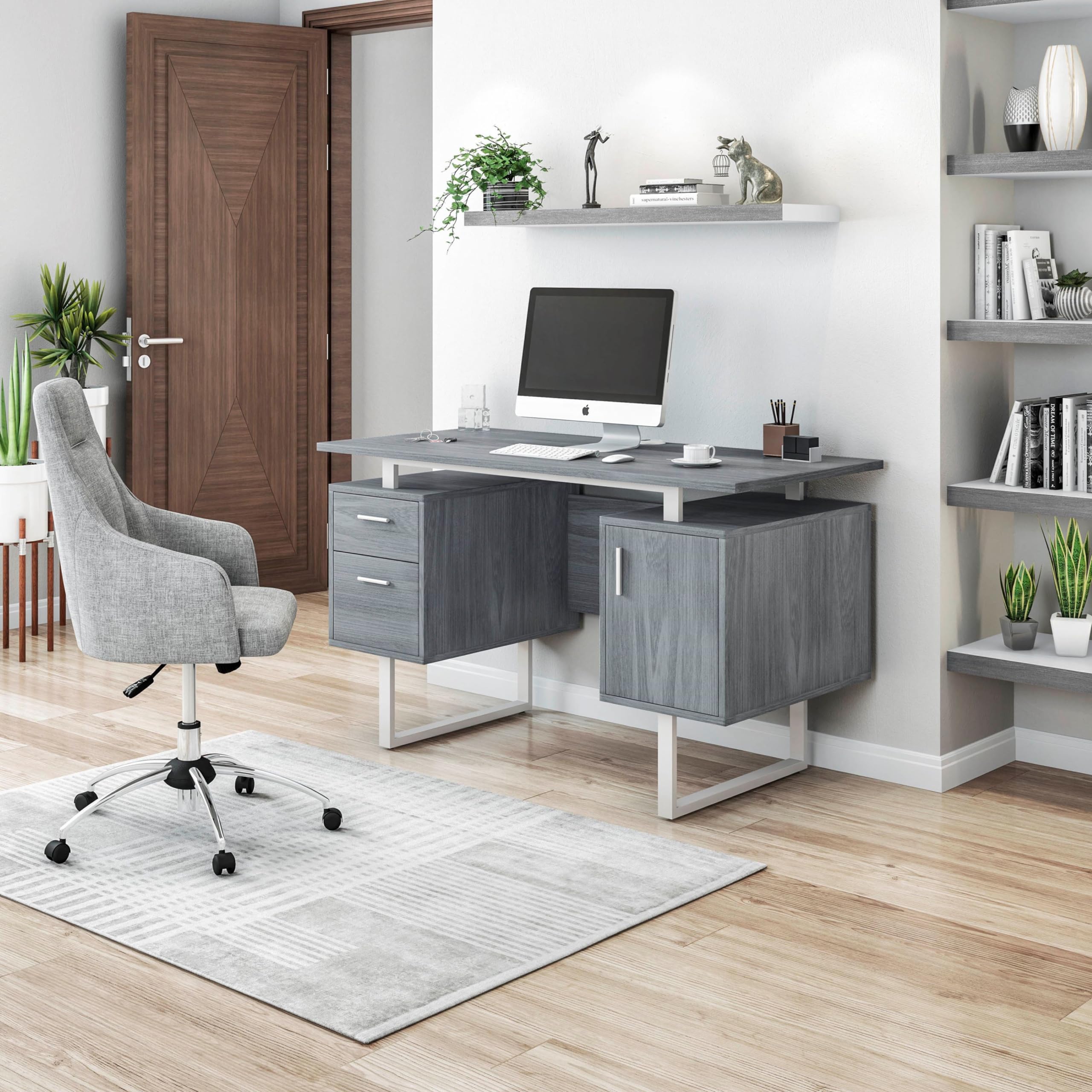 Techni Mobili Modern Office Desk With Storage, Gray