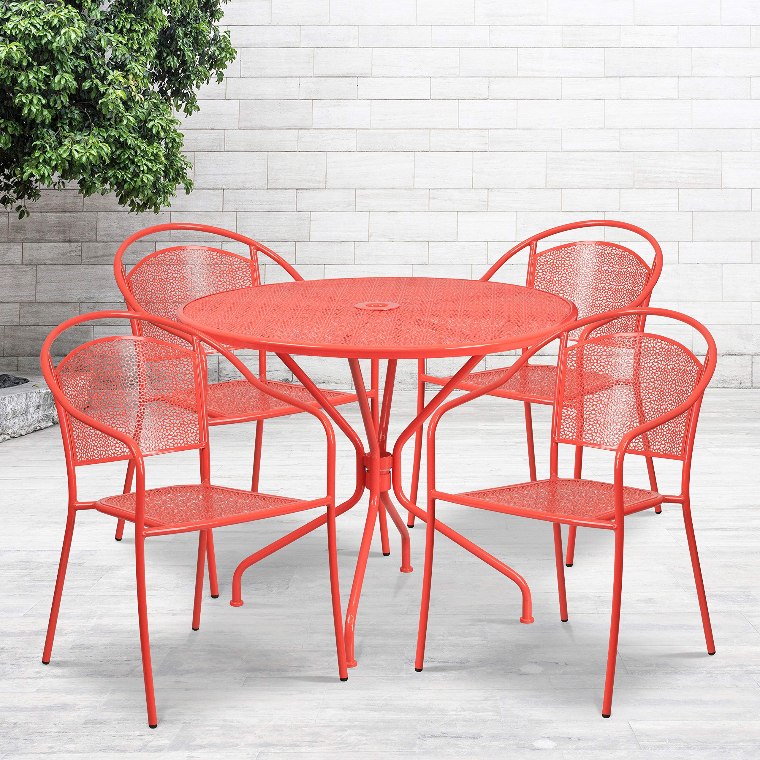 Flash Furniture Oia Commercial Grade 35.25" Round Coral Indoor-Outdoor Steel Patio Table Set With 4 Round Back Chairs