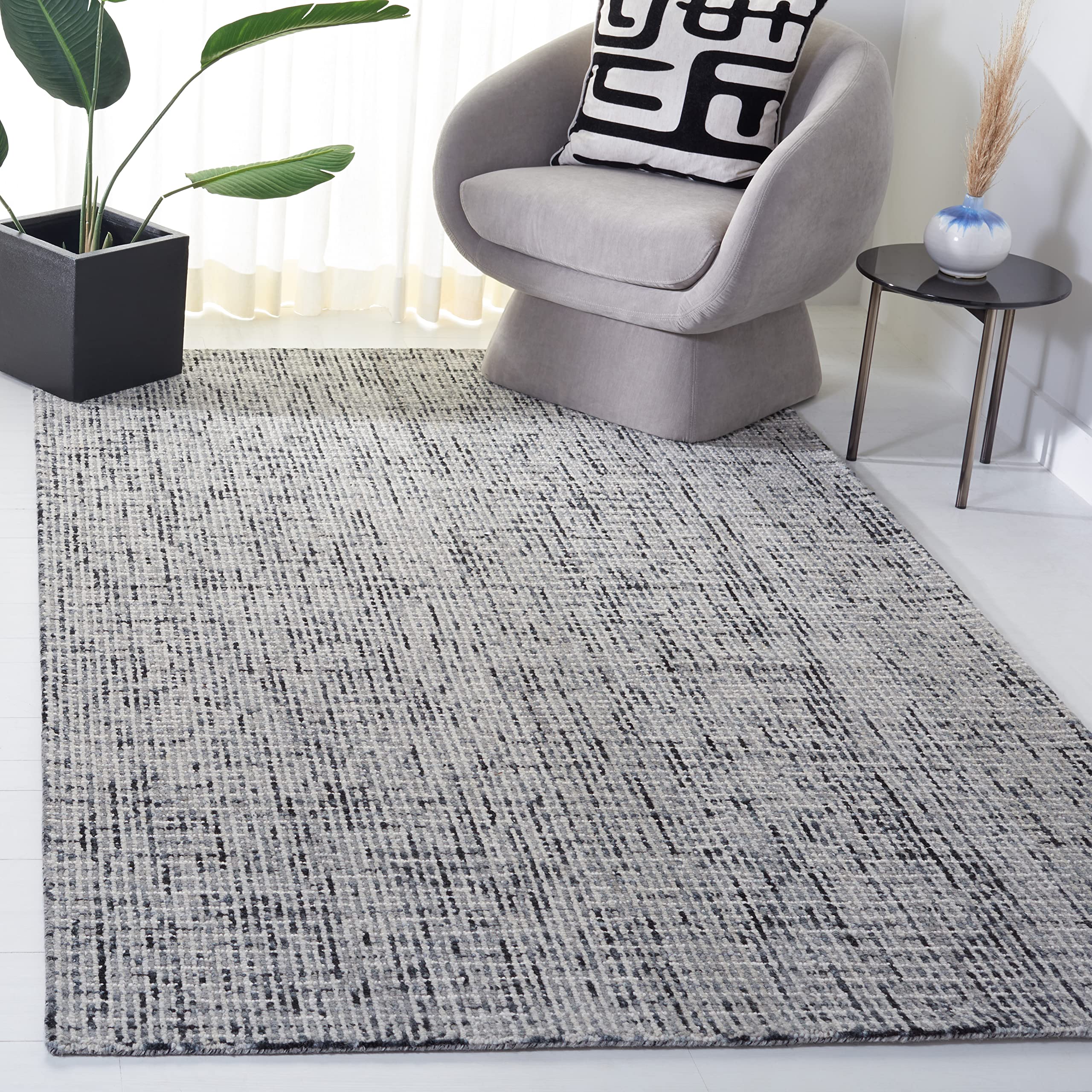 SAFAVIEH Abstract Collection Area Rug - 6' Square, Dark Grey & Ivory, Handmade Wool, Ideal for High Traffic Areas in Living Room